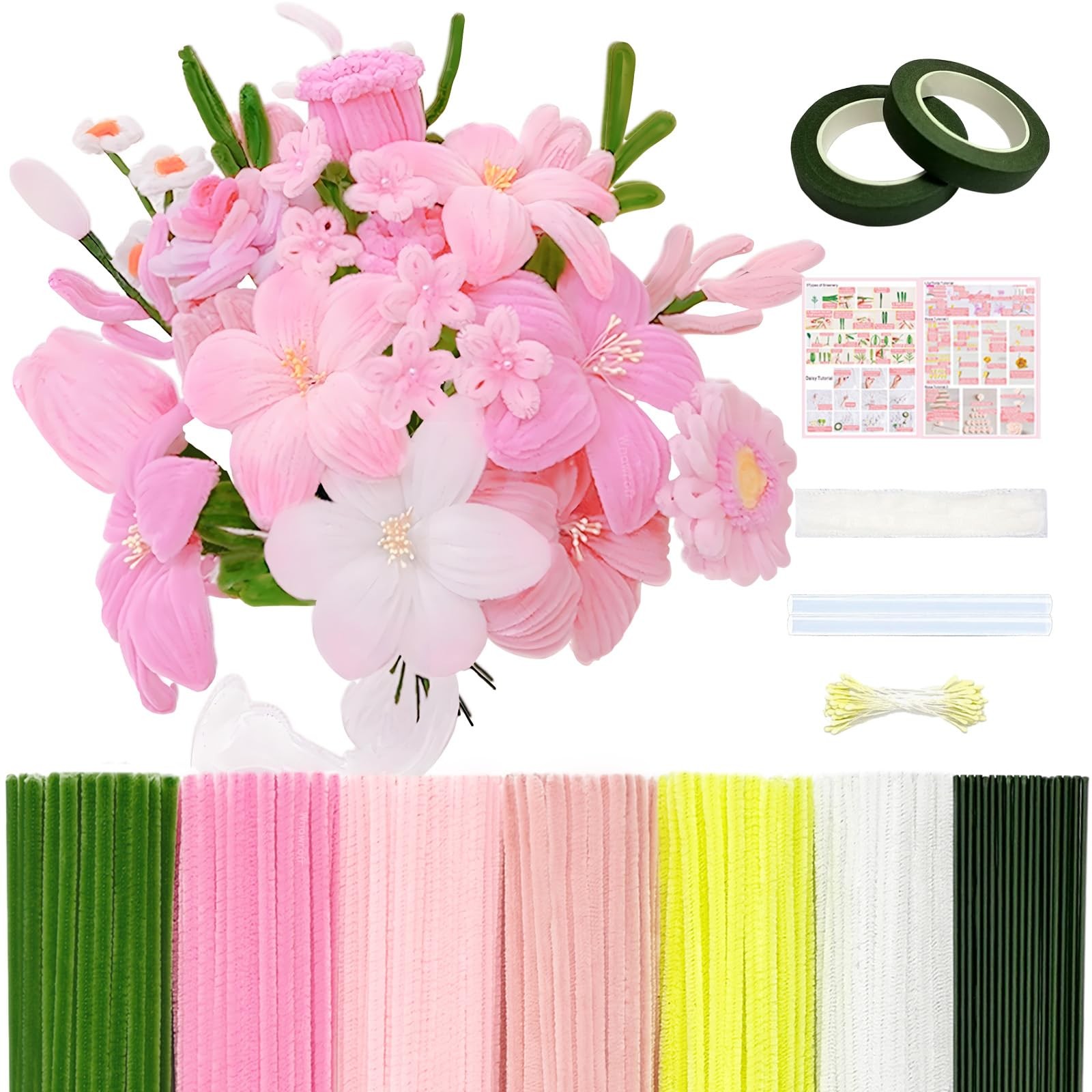 601PCS Complete Pink Pipe Cleaners Flower Kit–Pastel Pipe Cleaners for Flower…