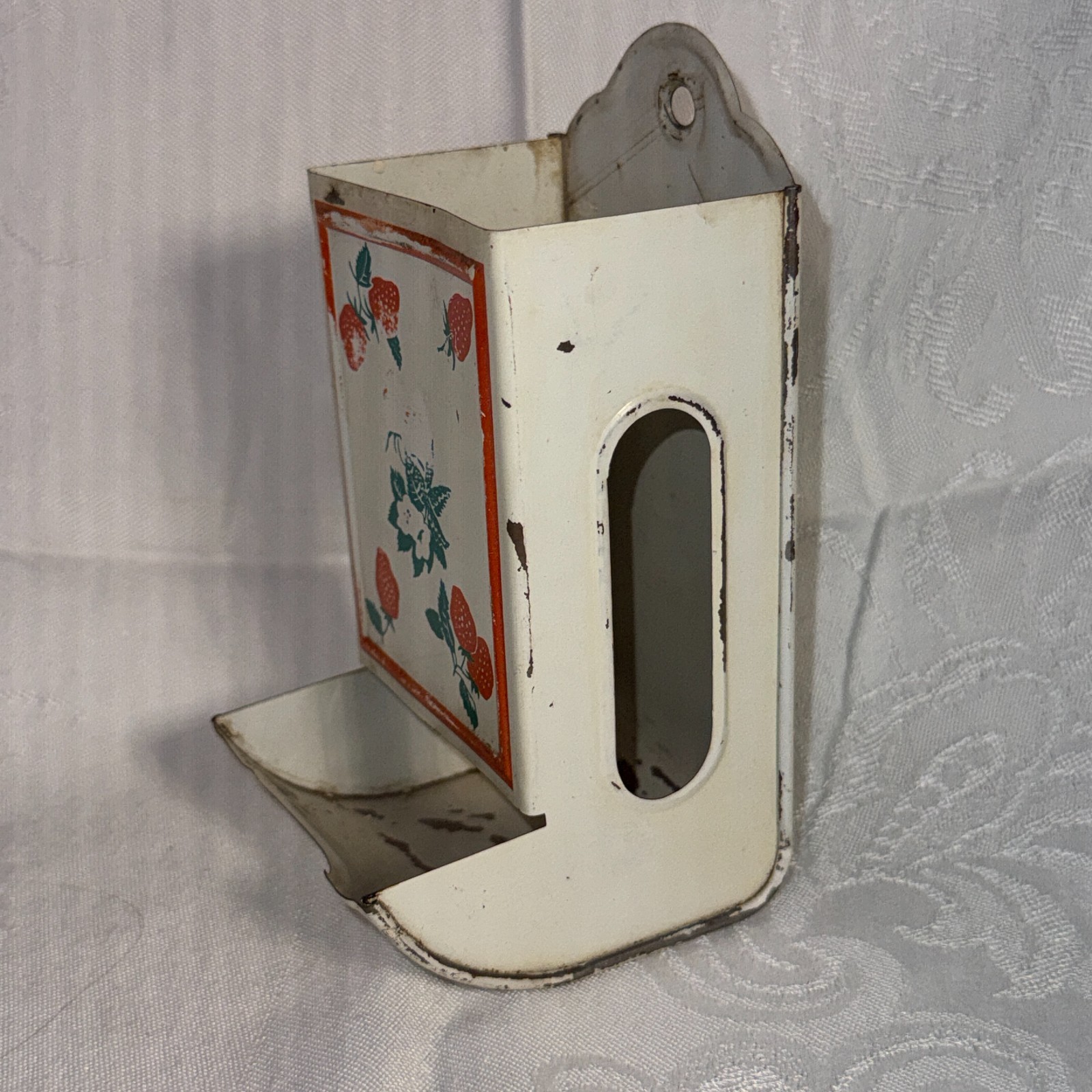 Vintage Tin Match stick holder, strawberry Design, mounts on wall for matches