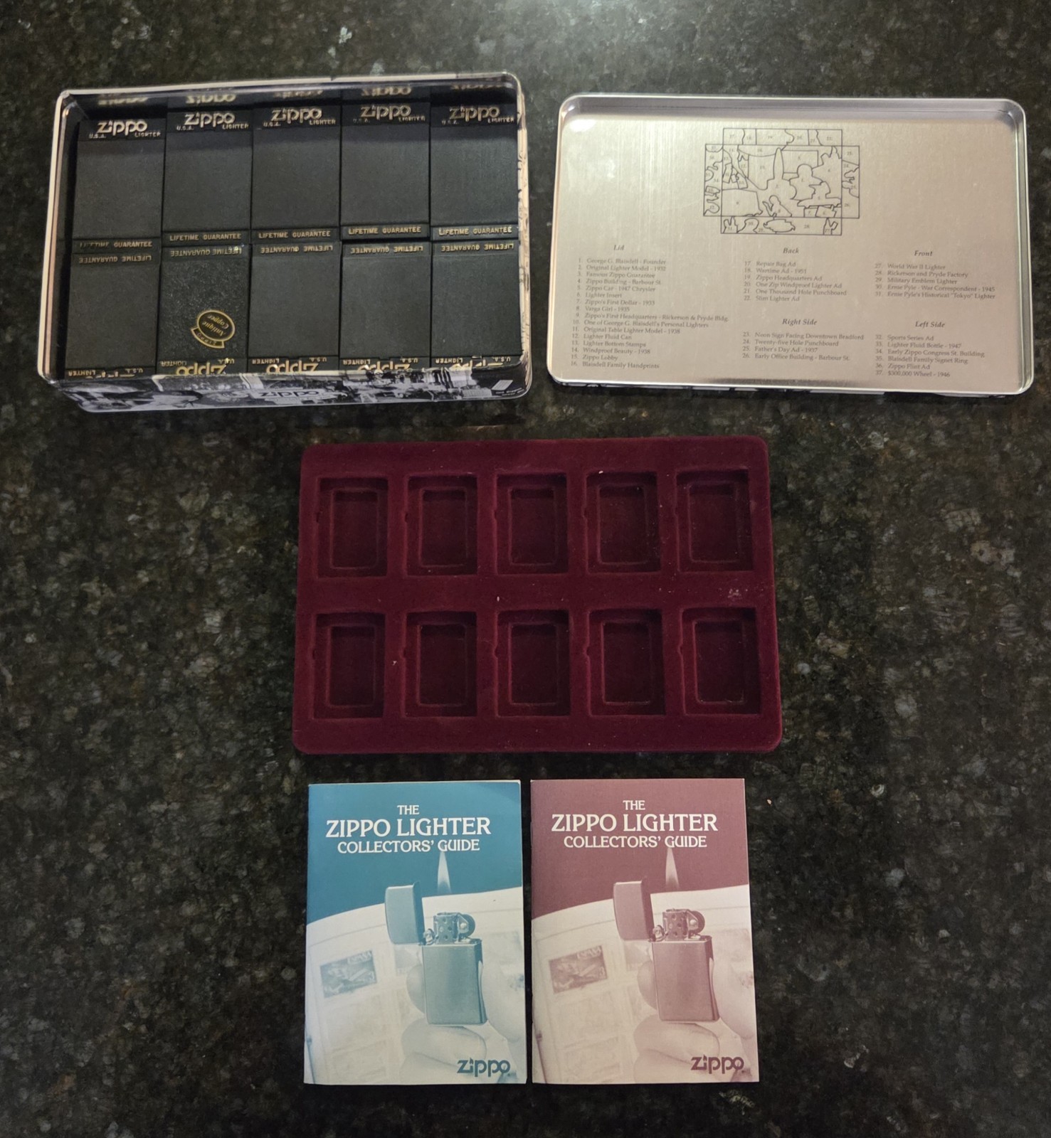 ZIPPO DISPLAY HOLDER TIN WITH 10 PLASTIC DISPLAYS & COLLECTORS GUIDE NO LIGHTERS