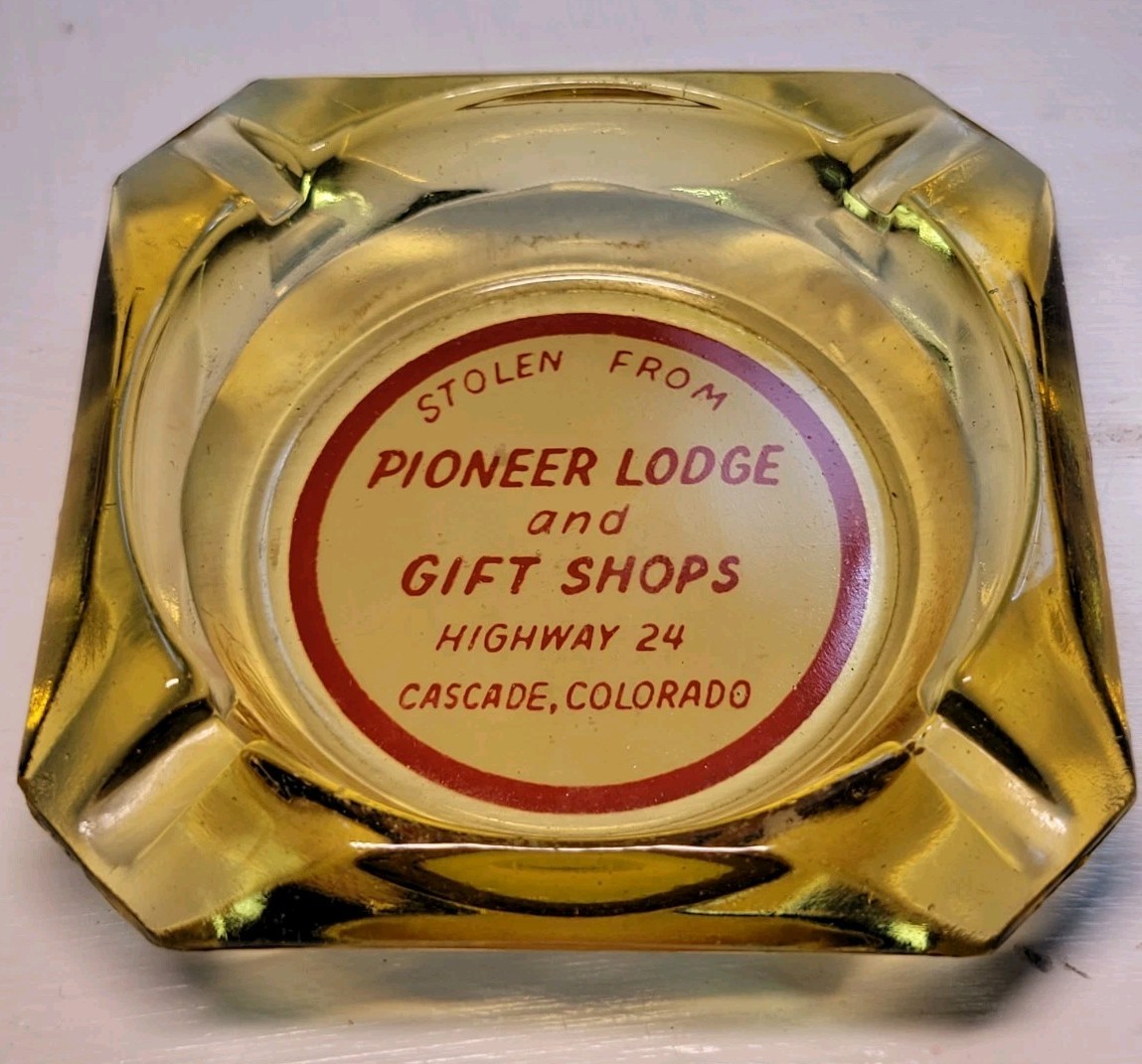 VTG Marketing Glass Ashtray Pioneer Lodge and Gift Shops Hwy 24 Cascade CO