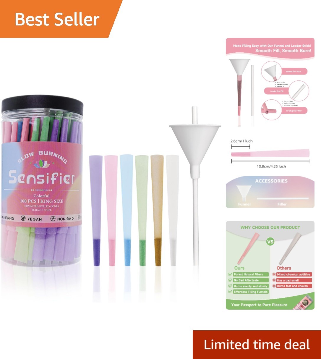 100 Ultra-Thin Colorful Pre-Rolled Cones – W-Shaped Tips for Effortless Rolling