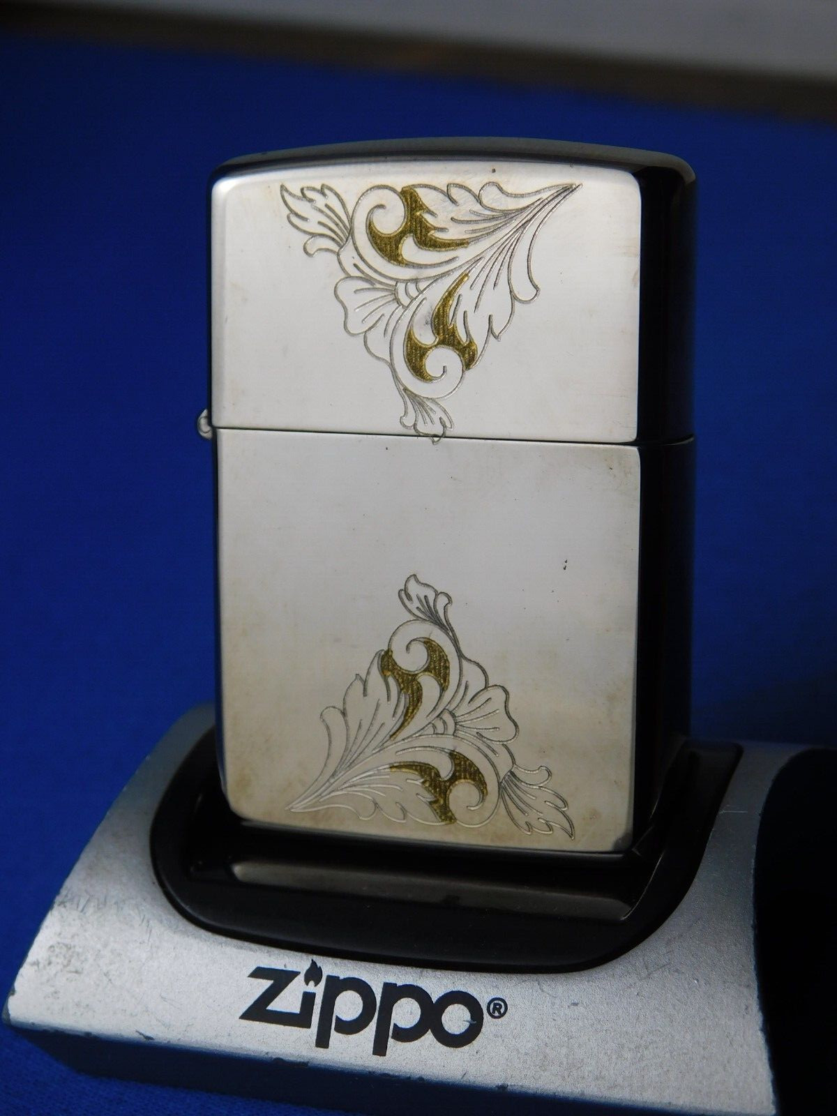 SILVER PLATE ZIPPO LIGHTER 24K GOLD INLAY GOTHIC SCROLL 1993 DOUBLE SIDE VINTAGE