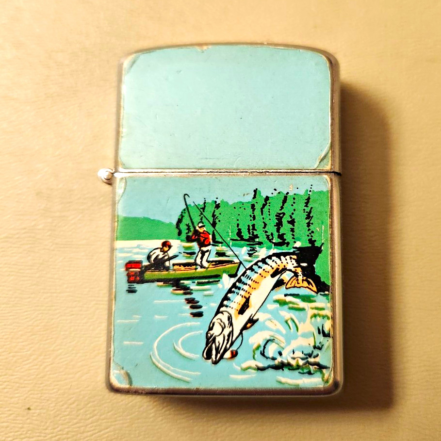 Rare 1950s Zippo Windproof Flip-Top Lighter Muskie Musky Pike Fish Fishing