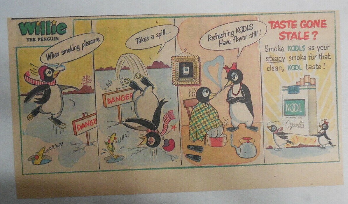 Willie The Penguin Kool Cigarette Ad: “Ice Skating” 1950’s Size: 7.5 x 15 inches