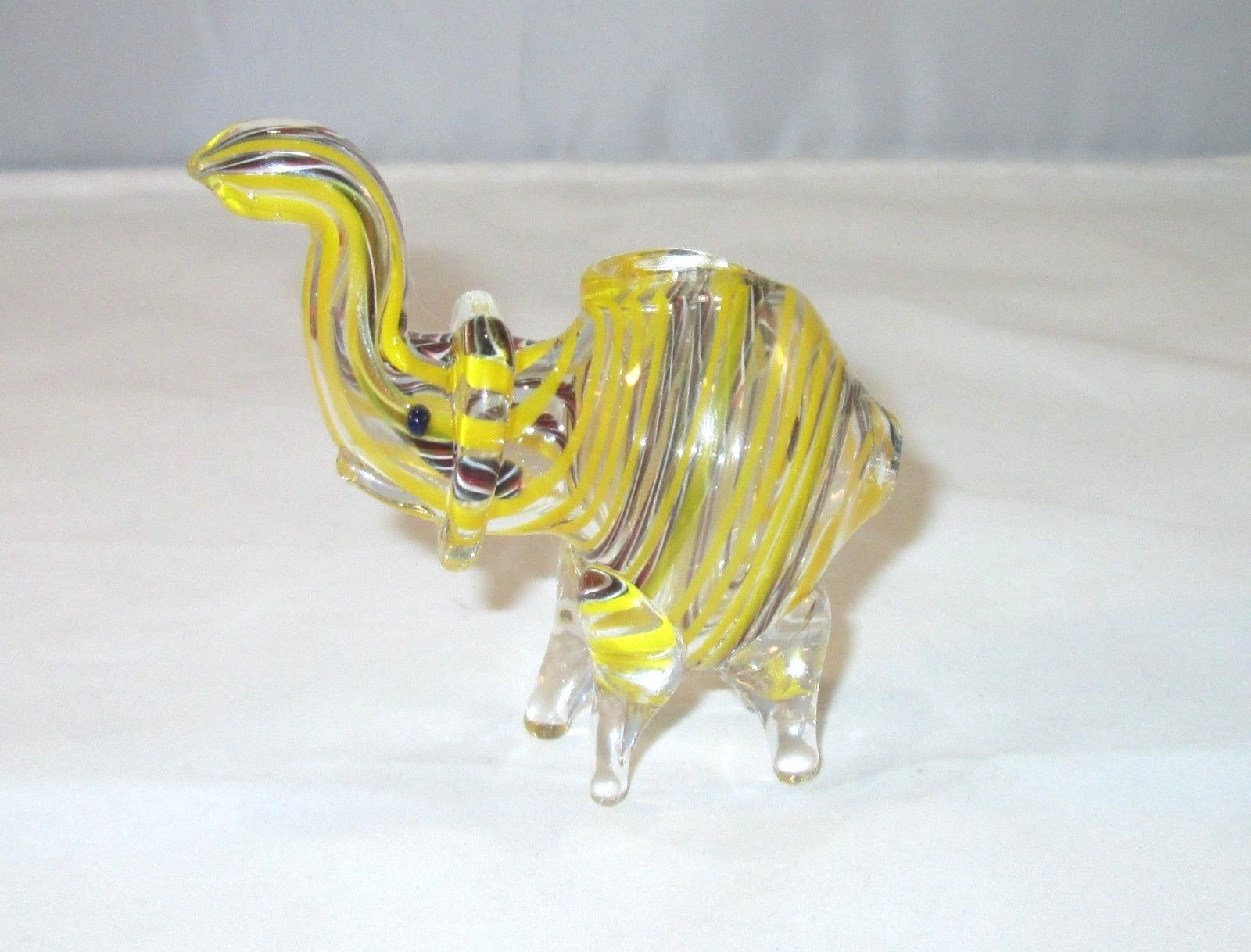 Glass Elephant Tobacco Pipe Collectible 3″ Hand Blown Yellow Black & Red Stripe