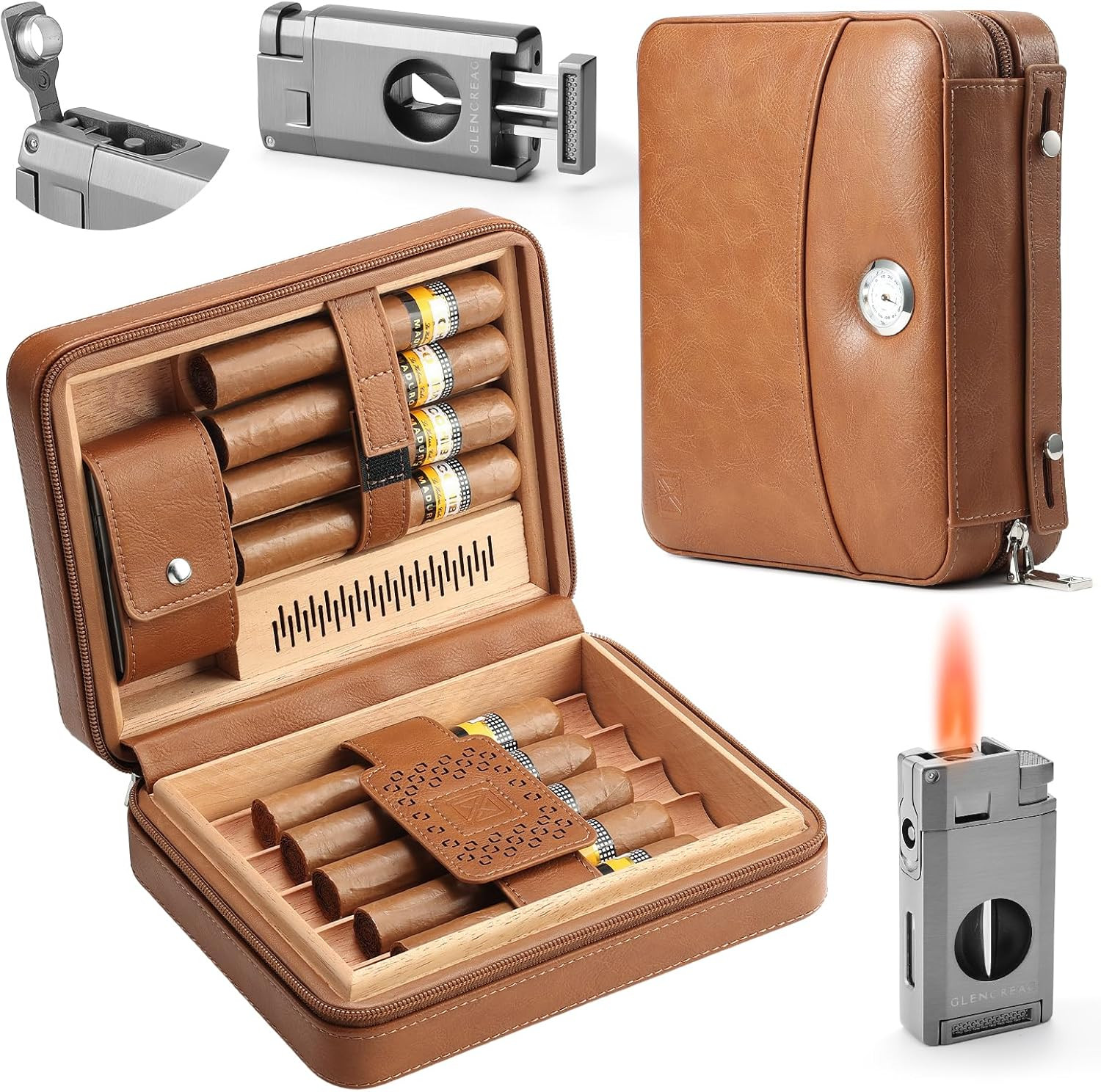 Travel Cigar Case, Leather Cigar Case with Spanish Cedar Lining, Built-In Hygrom