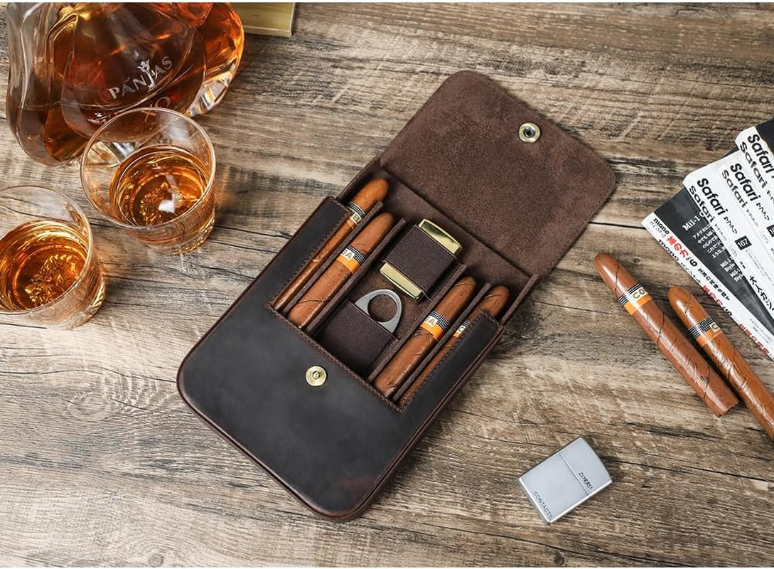 Portable 4 Slot Leather Cigar Case with Cutter & Lighter Organizer
