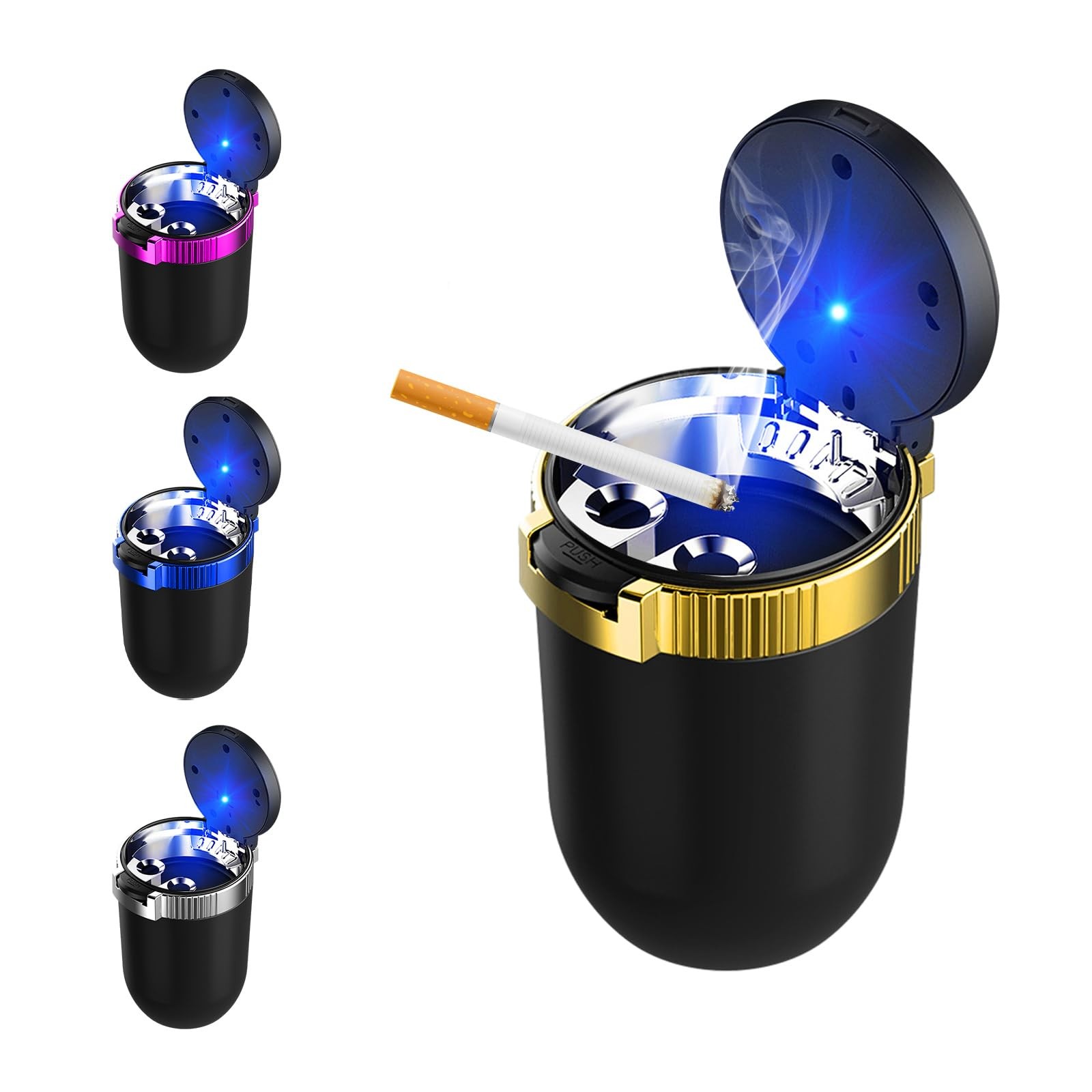 Car Ashtray with Lid, Detachable Stainless Steel Smokeless Ash Tray with LED …