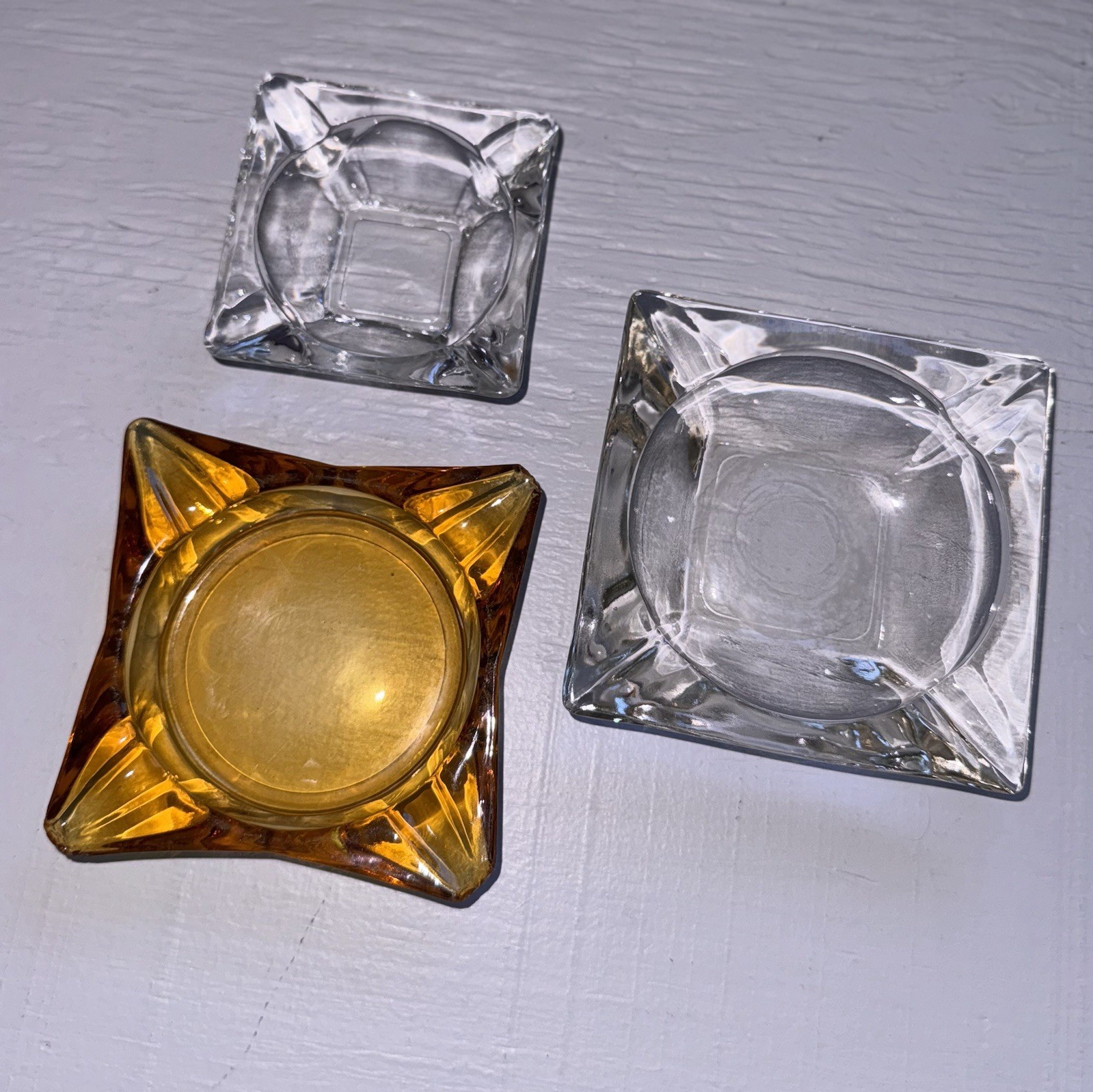 VTG Ashtray LOT Gold Amber Clear Glass Heavy Square Retro Kitsch Decor Tray