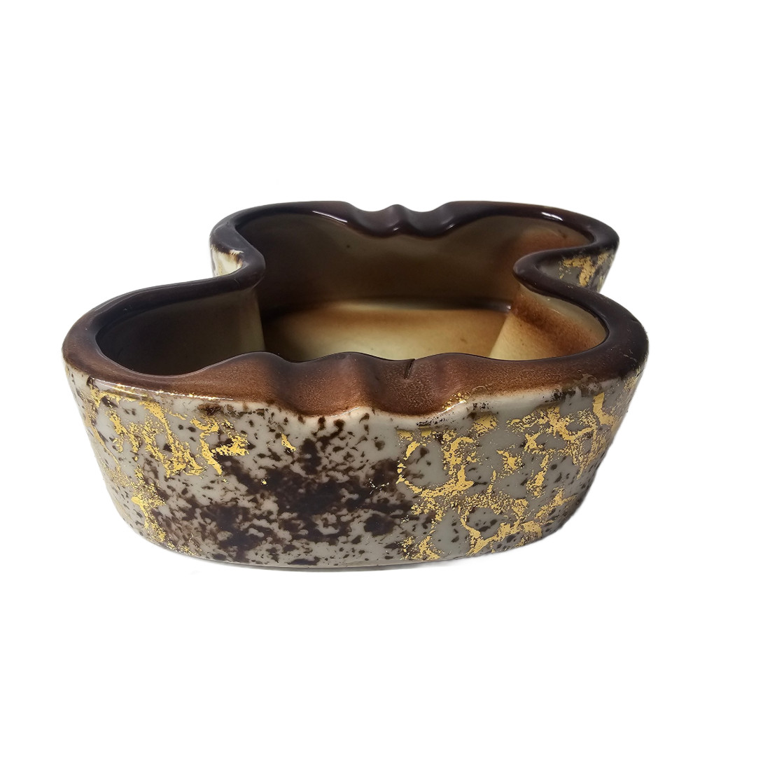 Vintage Mid-Century Modern Brown Gold Flake Glaze Ceramic Ashtray #1198 4.5 x 4