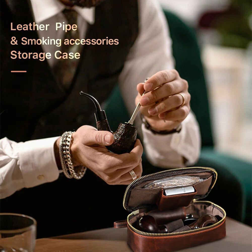 Genuine Leather Tobacco Smoking Pipe Case Lighter Bag Portable 2 Pipes Pouch Bag