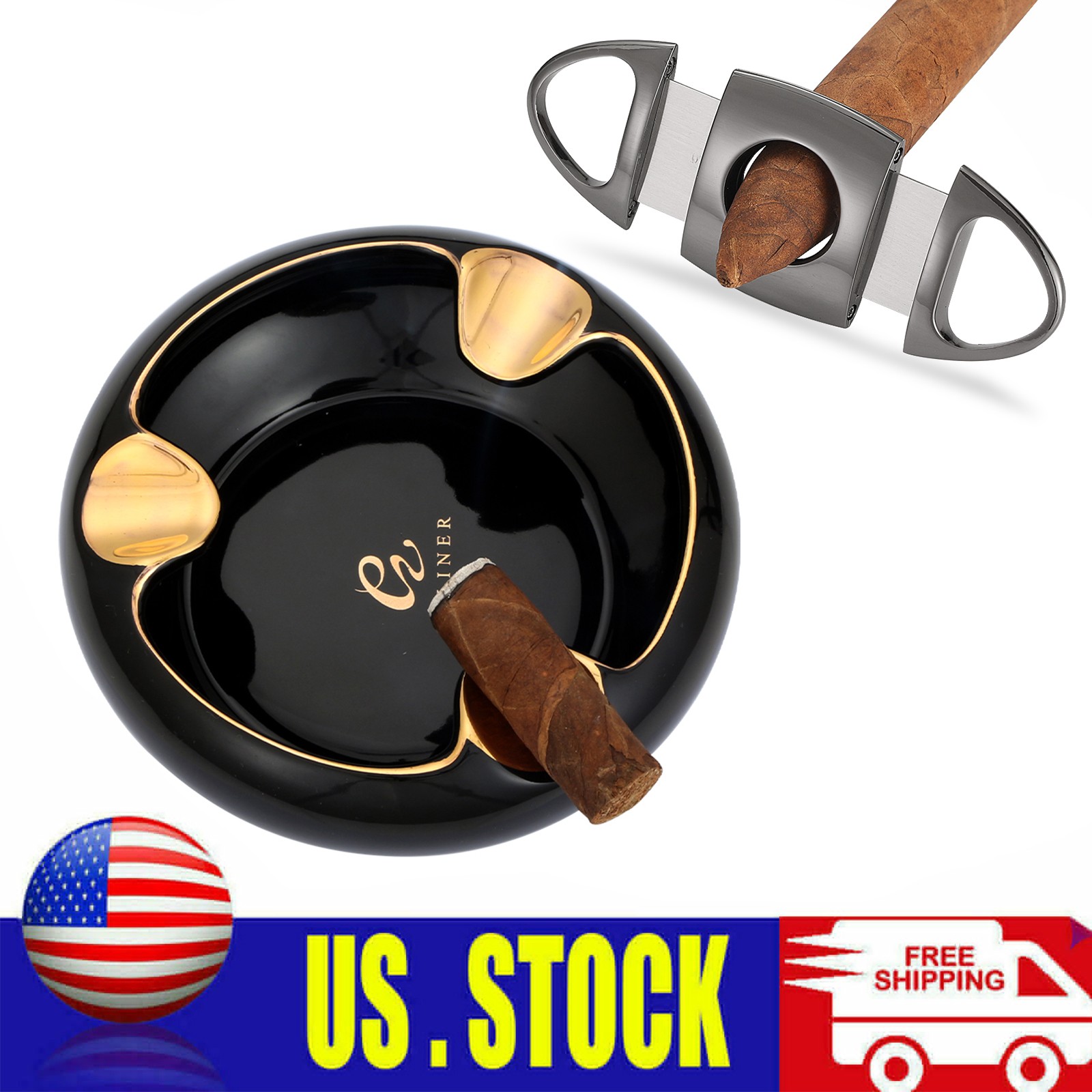 Galiner Ceramic 3 Slot Cigar Ashtray Holder Dual Blade Cigar Cutter Guillotine