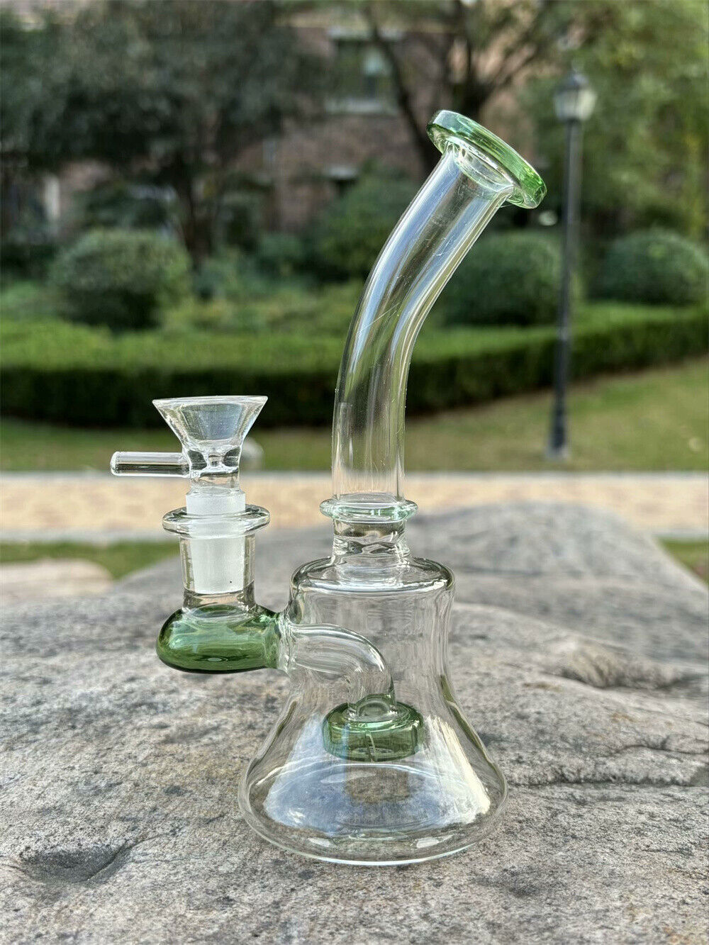 Green 7″ Glass Bong Water Pipe Portable Curved Filter Hookah Bubbler W/Bowl