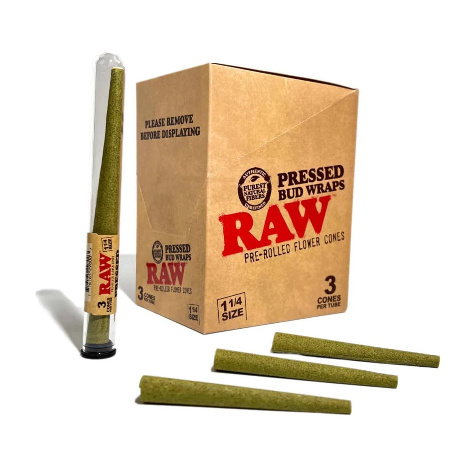 RAW Rolling Papers 1 1/4 SIZE PRESSED BUD WRAP CONES 1 TUBE/ 3 Pre Rolled Cones