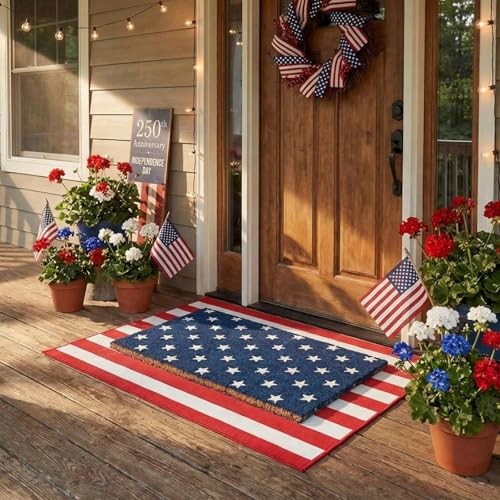 2 Pcs Door Mat Set, Layered Thick Mats Combo with Blue Star Red 4th of July
