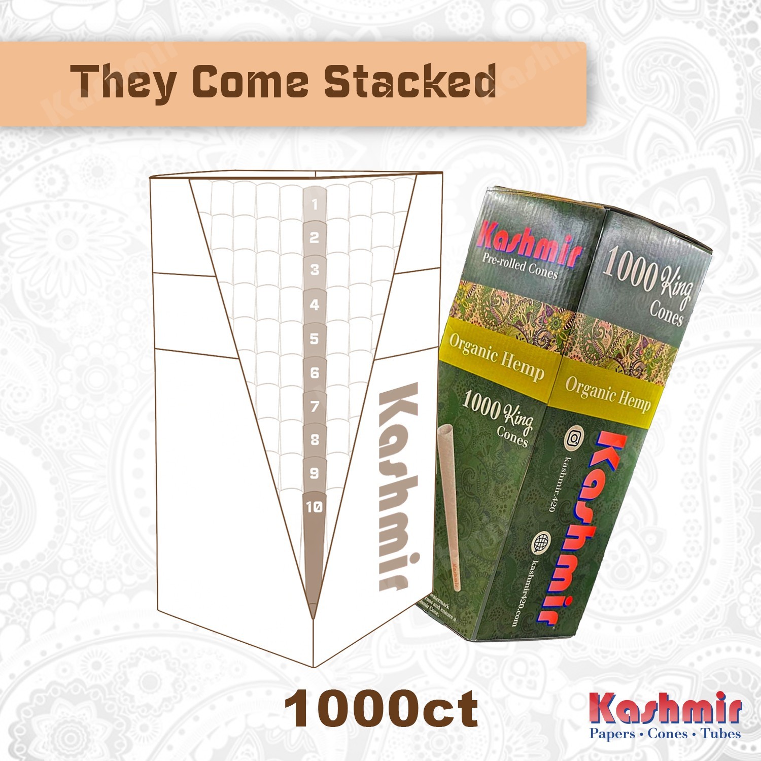 Kashmir Pre Rolled Cones King Size Organic Rolling Papers Bulk Pack: 1000 Cones