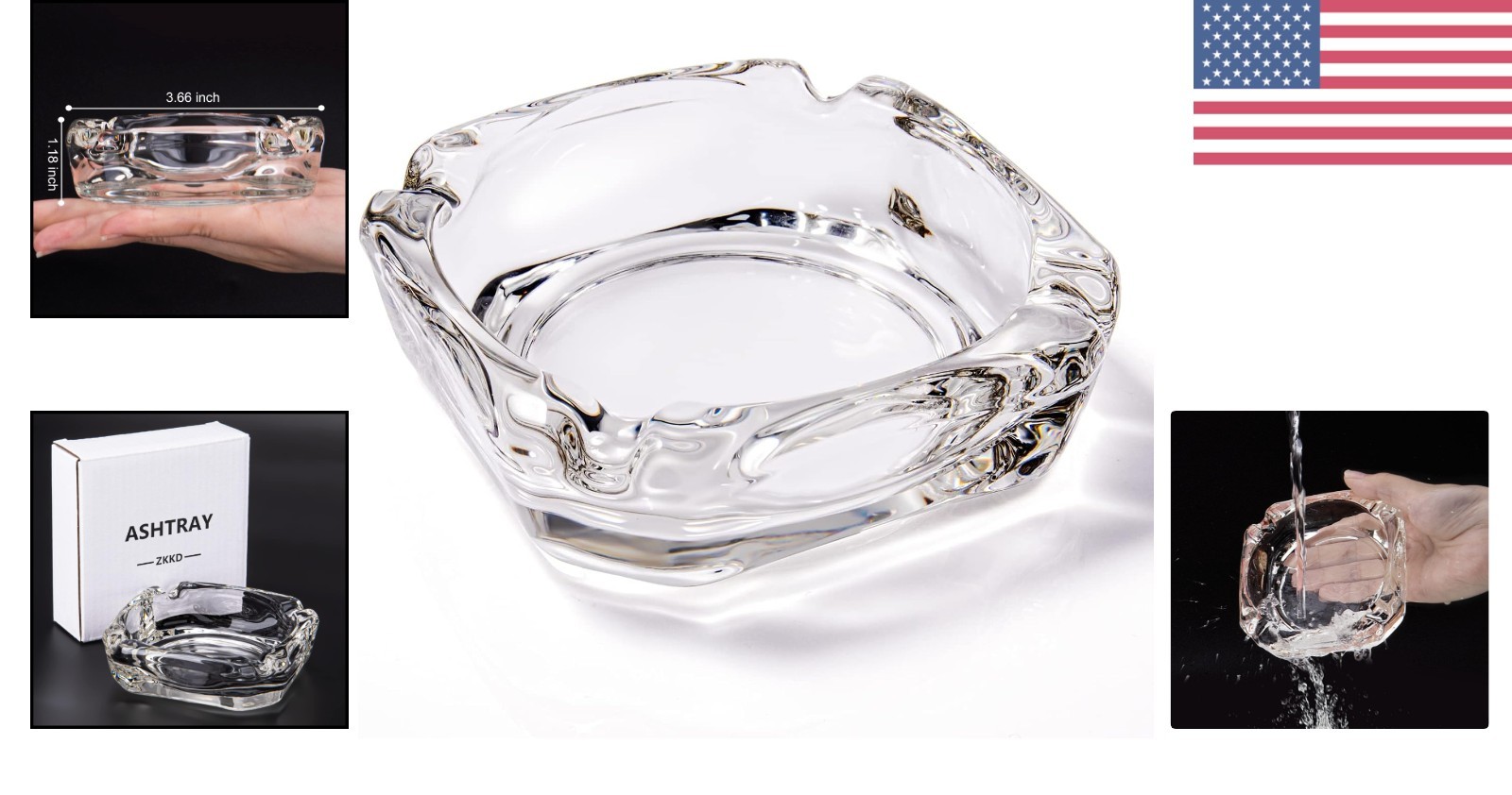 Stylish Square Ashtray – Sturdy Crystal Glass for Indoor & Outdoor Use – 3.66”