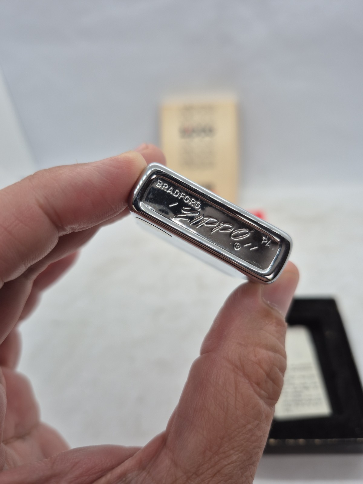 1979 Zippo No. 350 Engine Turned Pinstripe Chrome Lighter Box Papers Unused