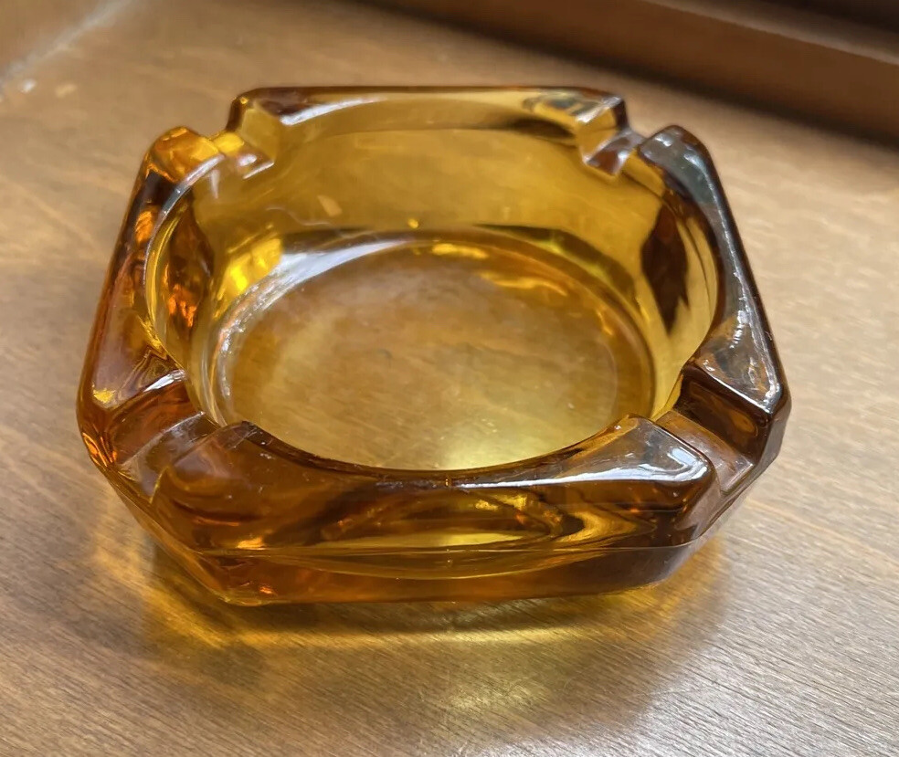 Vintage Mid Century Amber Ashtray Glass 3.5 Inch, No Brand Mark