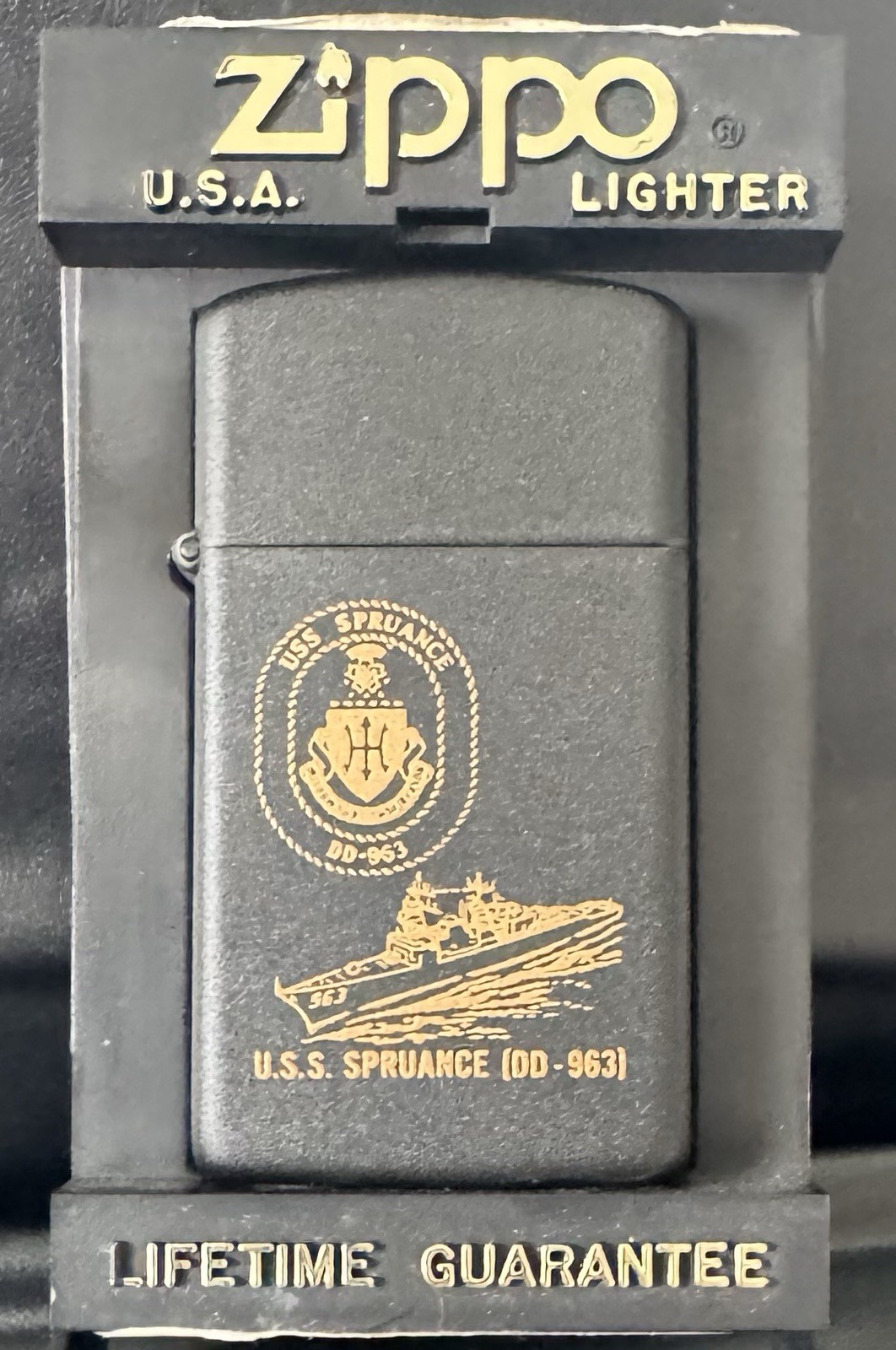Slim Zippo USS Spruance DD-963 Navy Ship Black Matte Lighter NOS W/ Box & Papers
