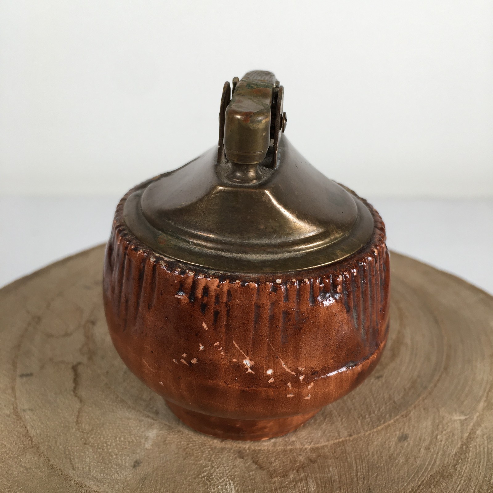 Vintage Brass & Wood Hand Carved Ornate Tabletop Cigarette Lighter
