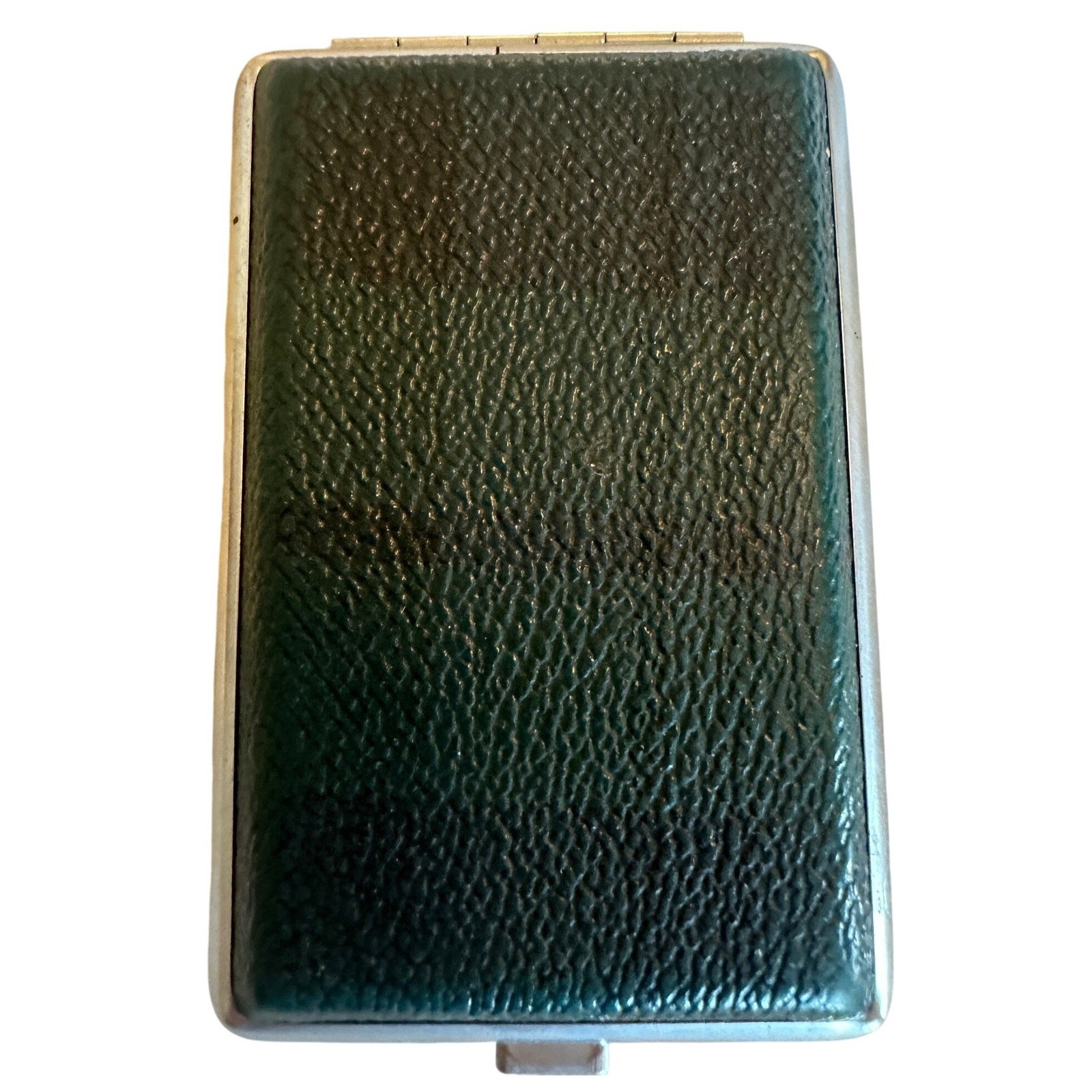 Vintage Green Pebbled Faux Leather Cigarette Case Silver Tone Metal Card Holder