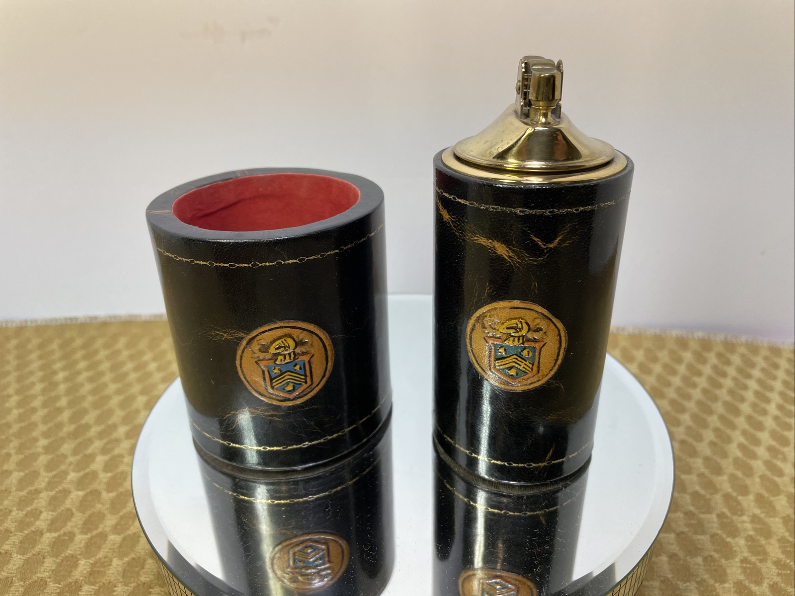Vtg. Spain Polished Lambskin Cigarette Lighter & Cup Holder Smoke Set Pioneer