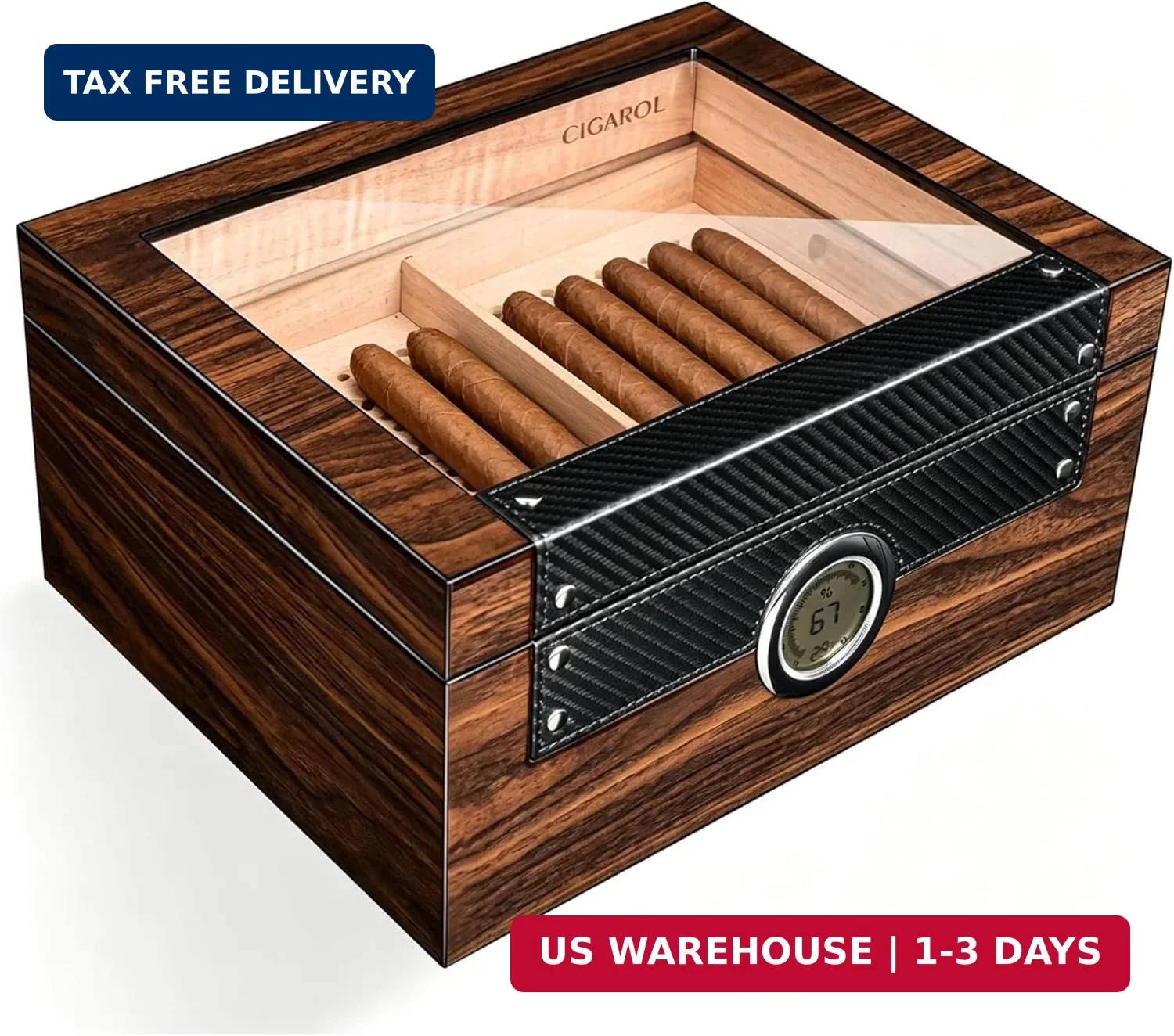 Cigar Humidor with Glass Top & Spanish Cedar Wood, Desktop Humidor with Digital