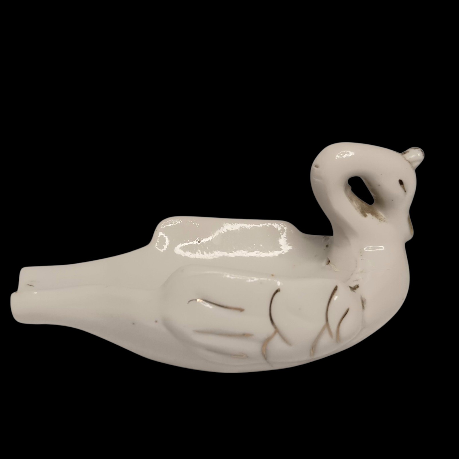 Vintage White Porcelain Swan Ashtray Trinket Dish Gold Trim Made In Japan 4″x2″