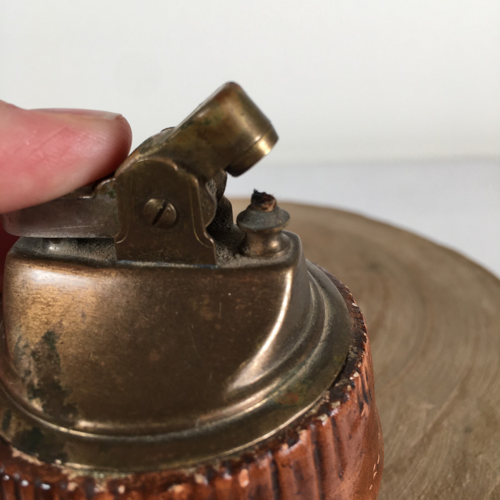 Vintage Brass & Wood Hand Carved Ornate Tabletop Cigarette Lighter