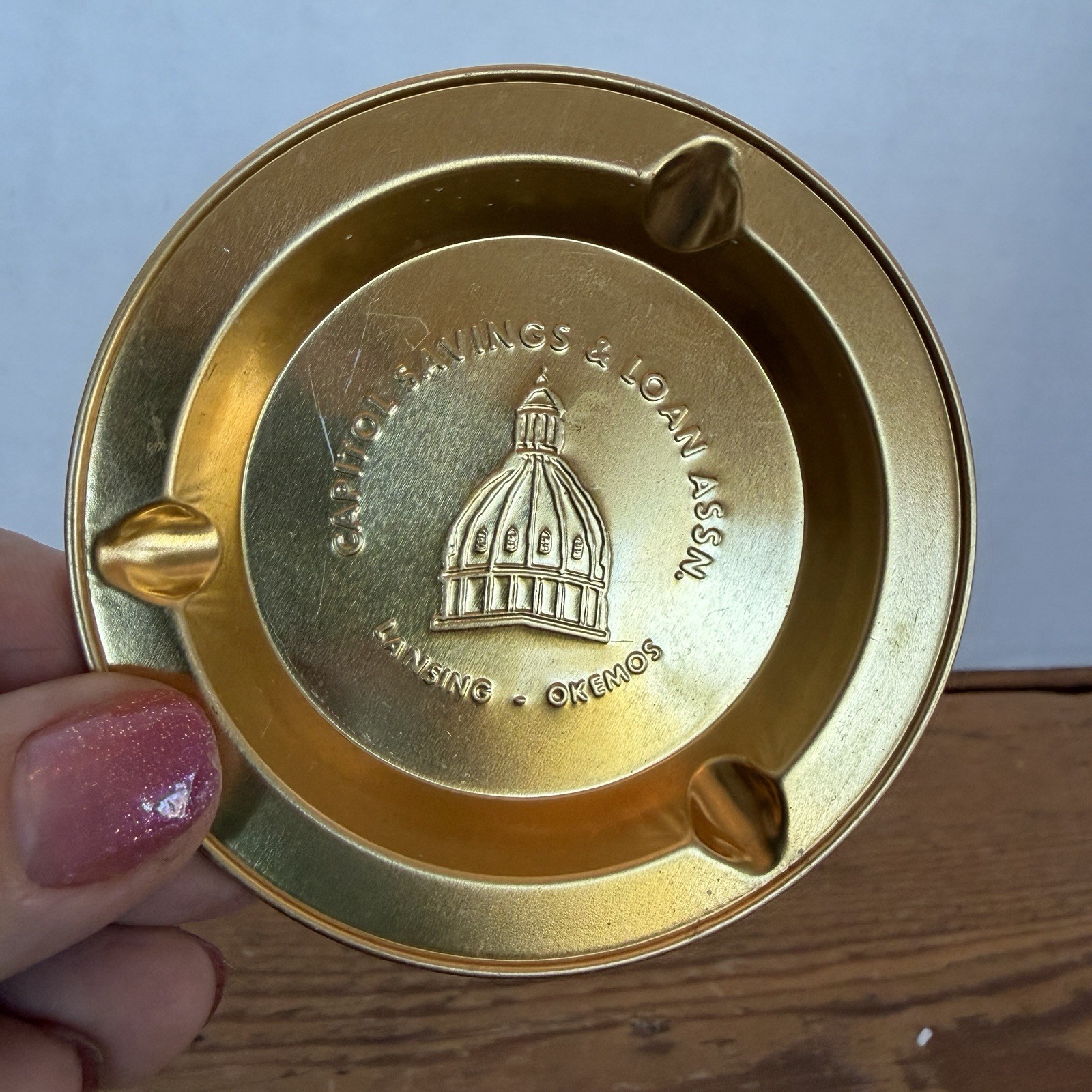 Vintage First Capitol Savings and Loan Advertising Ashtray- MCM Aluminum Gold