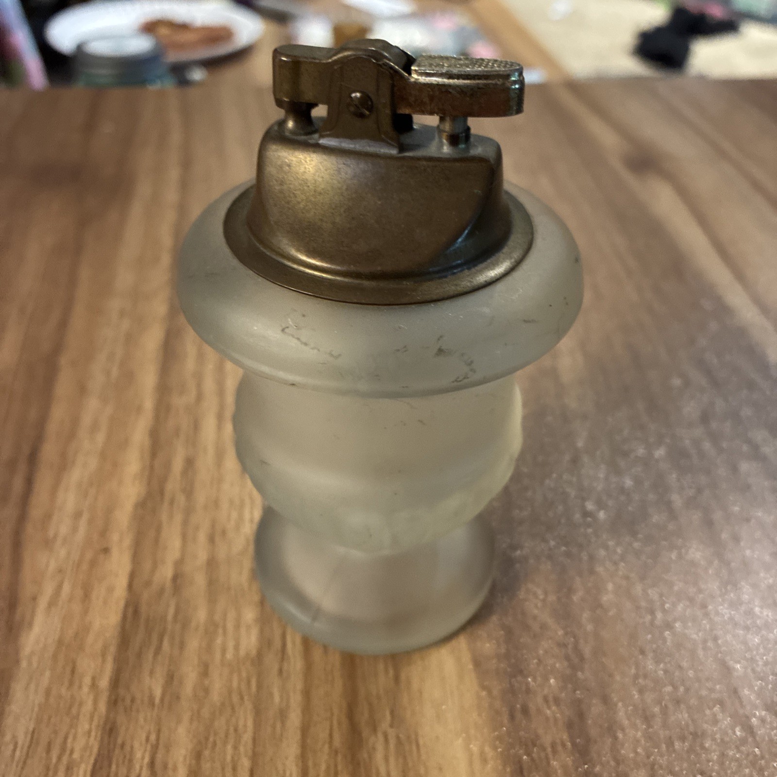 Vintage Table Lighter Fog Glass Brass Top No Wick Flint or Fluid Made In Japan