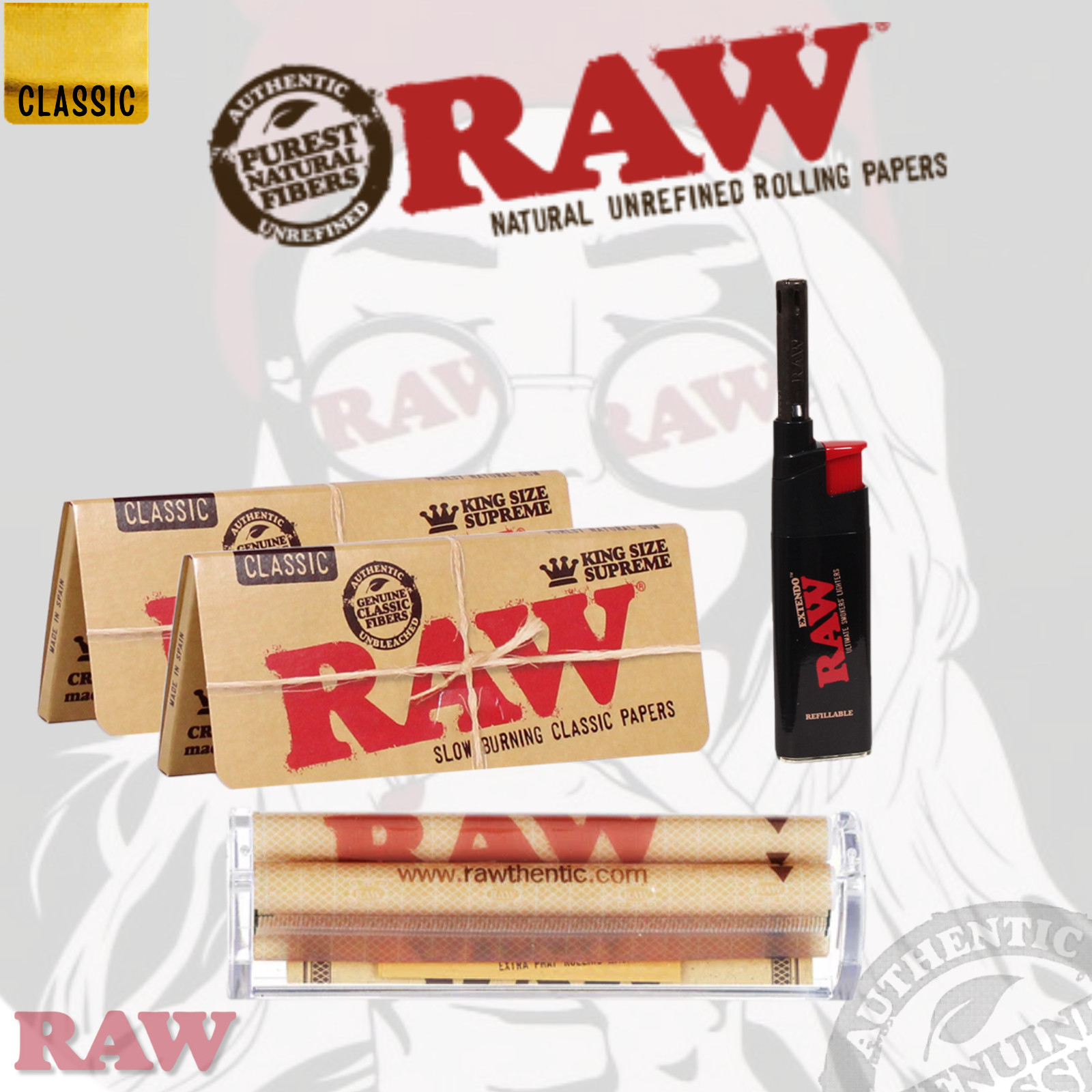 RAW King Size Supreme Classic Rolling Paper + Phatty Roller 125mm + RAW Lighter
