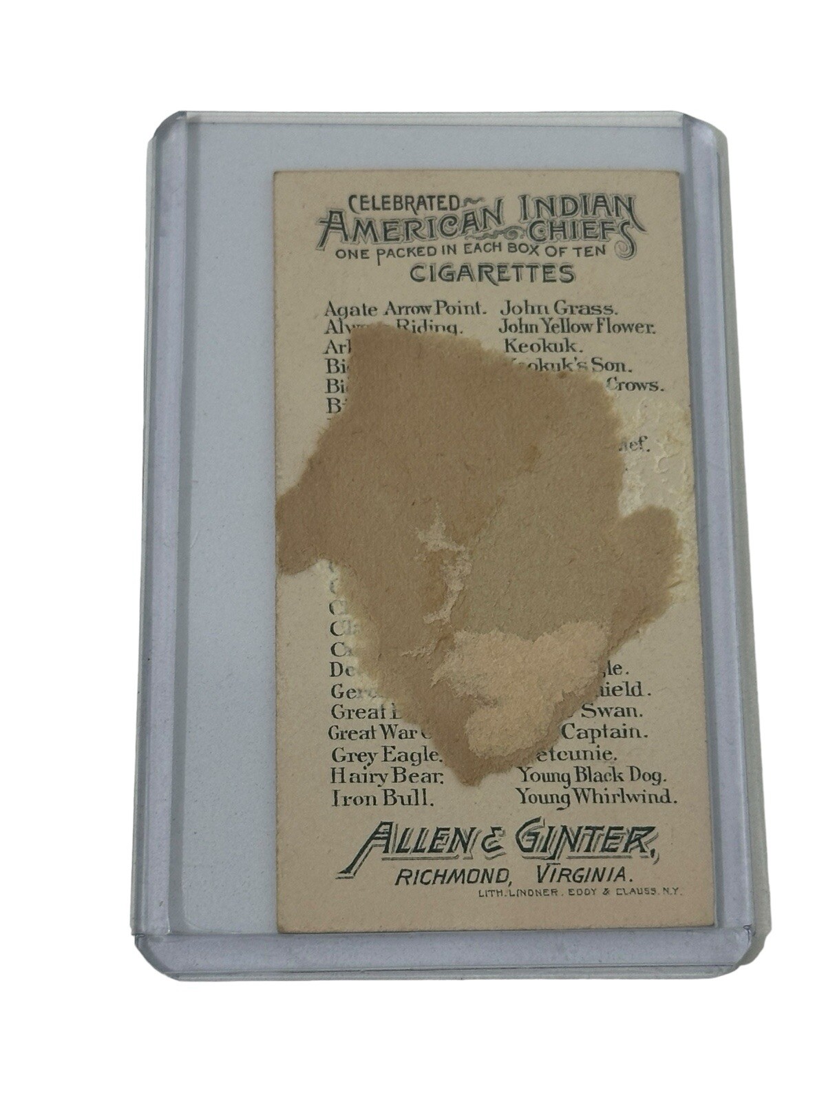 1888 N2 Allen & Ginter American Indian Chiefs Red Thunder Tobacco Card