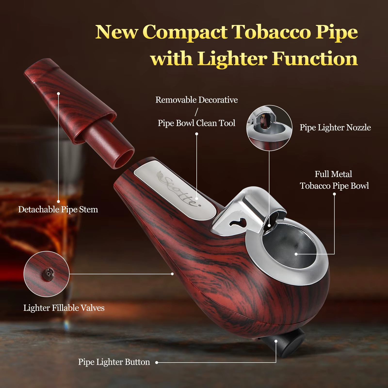 Portable Pipe, Mini Pipe with Refillable Pipe Lighter Function, Include Pipe Fil