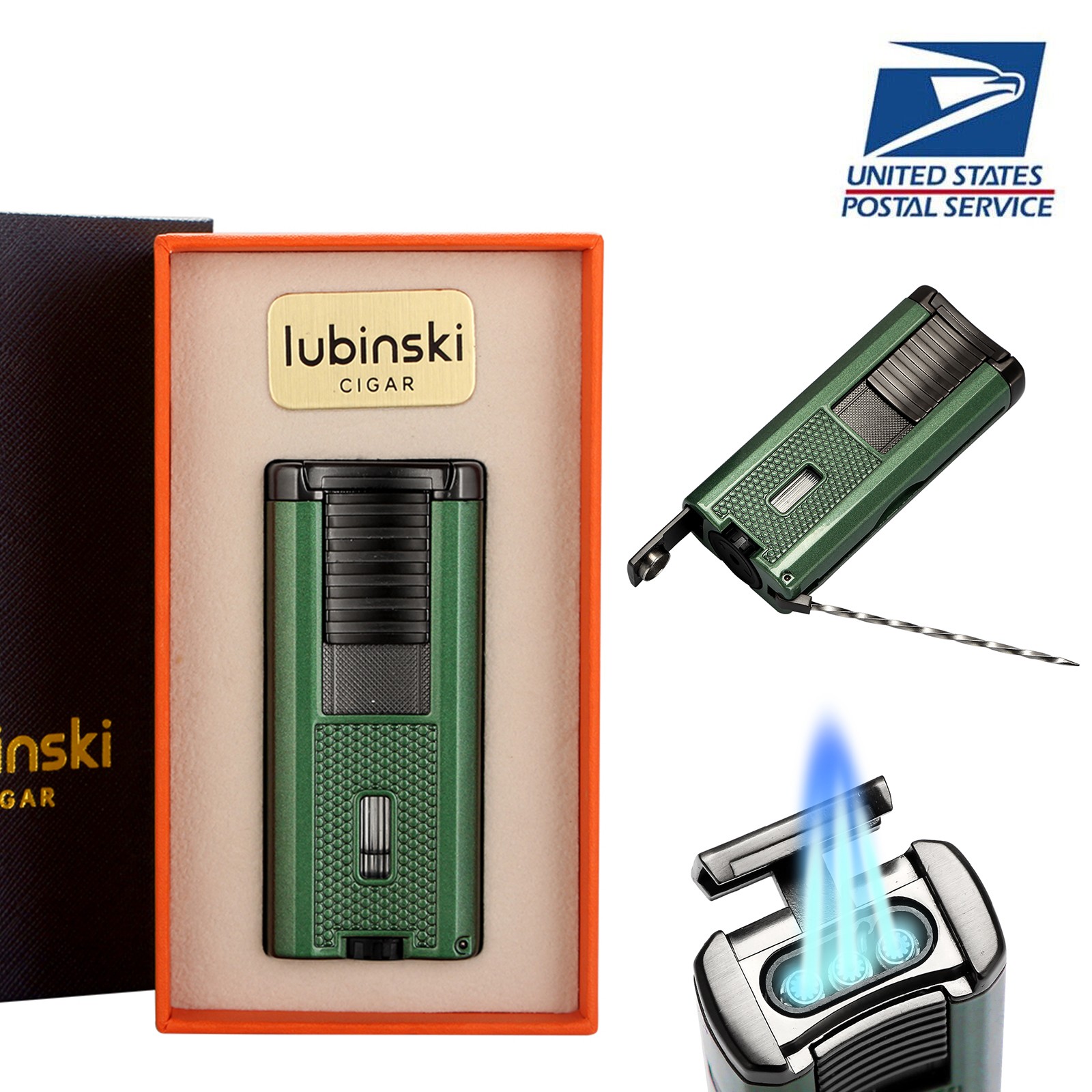 Lubinski Cigar Lighter Punch Drill Holder 3 Jet Flame Torch Lighter Needle Gray