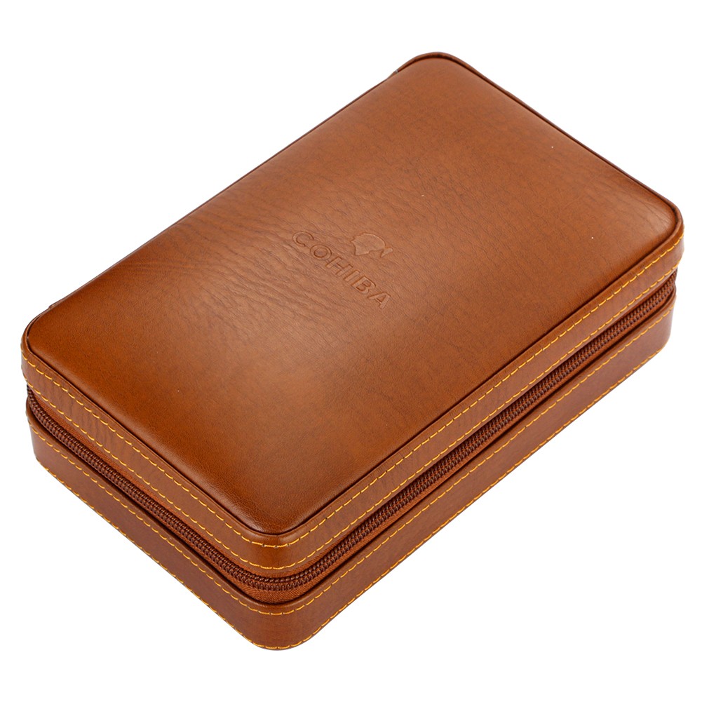 Portable Cigar Humidor Brown Vintage Leather Cedar Wood Case 4 Cigars Ashtray
