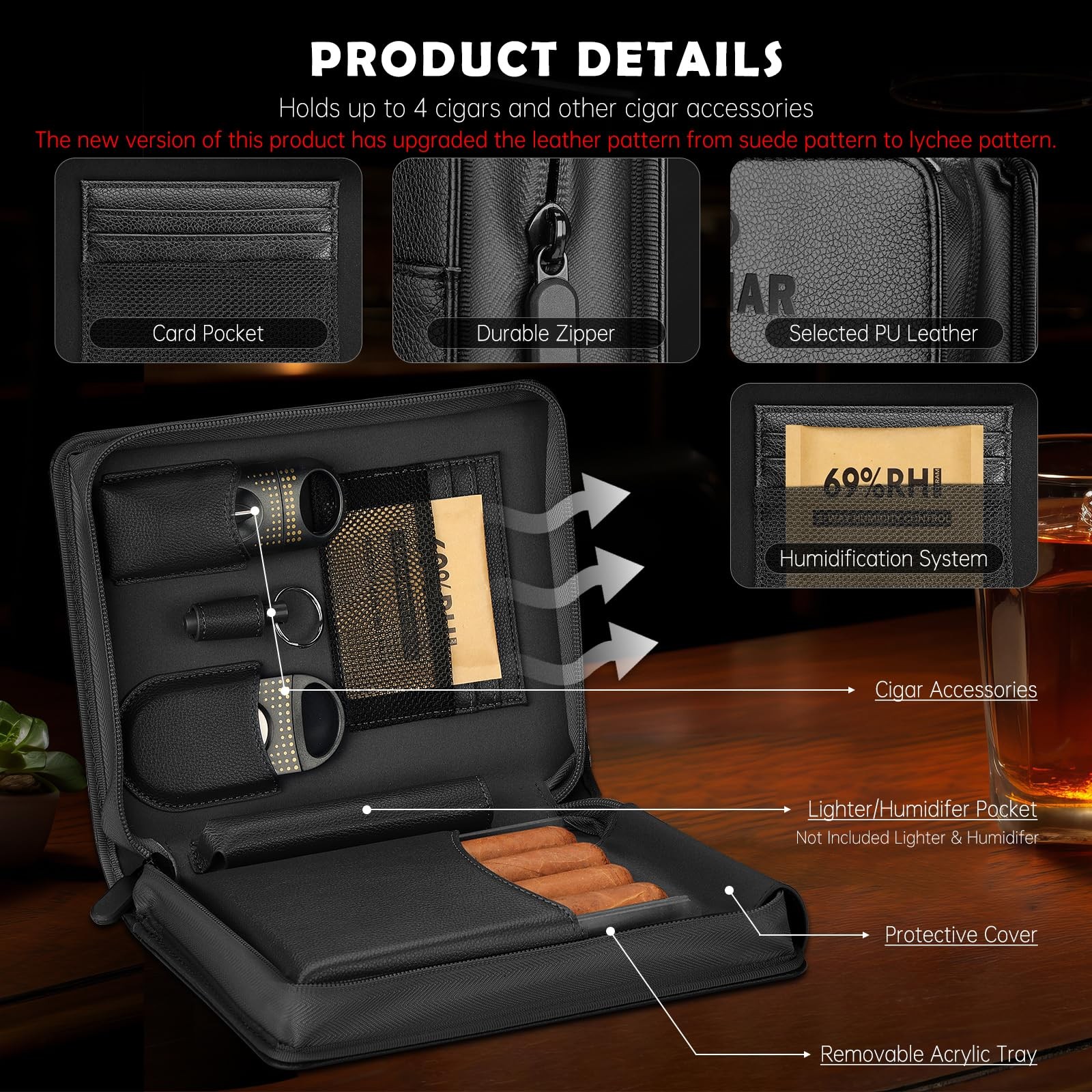 Portable Leather Cigar Humidor Case with Accessories Gift Set (Black)