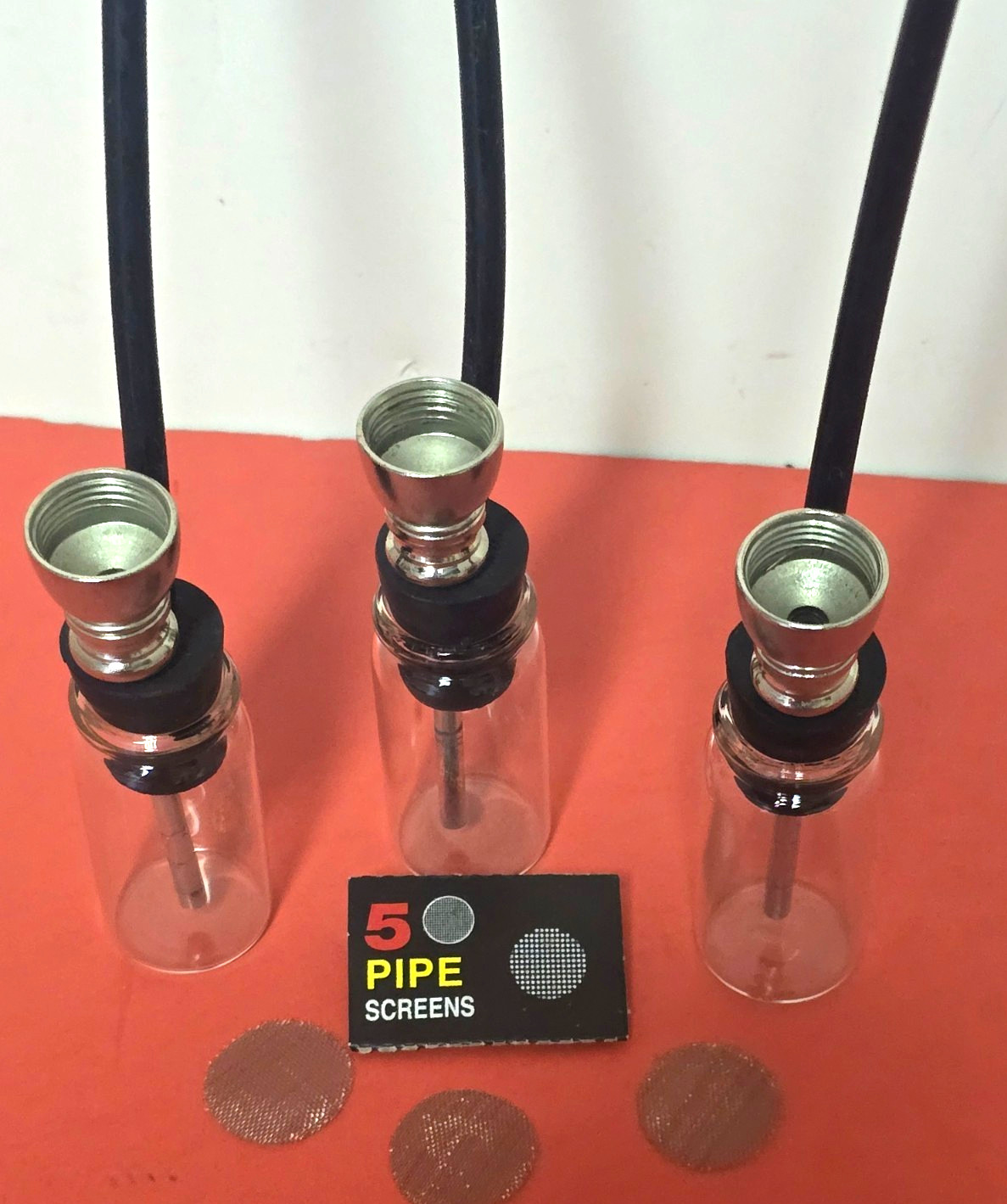 Set of 3 Mini Acrylic Plastic 3″ Bubbler Smoking Hand Pipes & 5 Screens (Black)