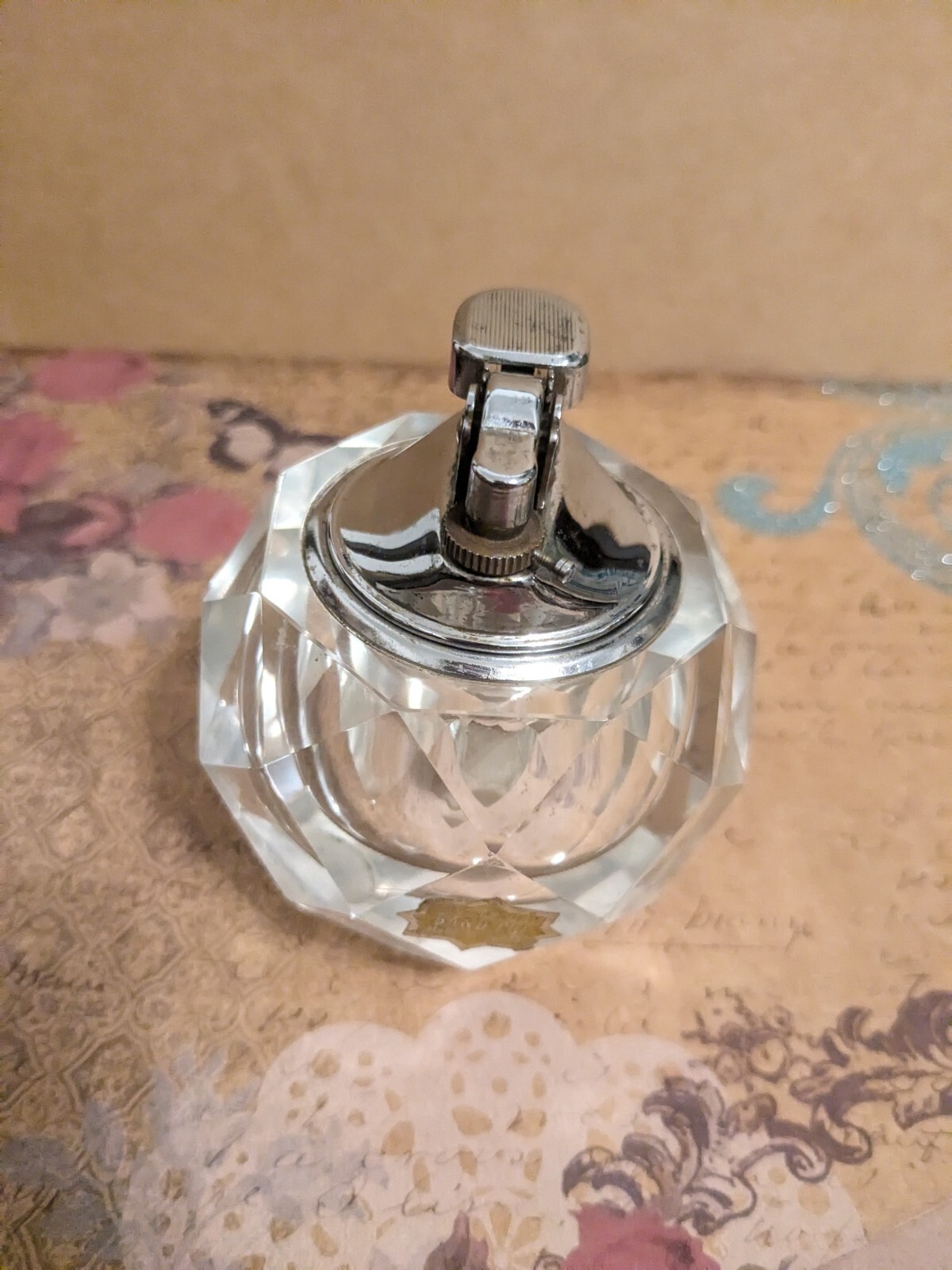 Vintage MCM Faceted Gas Lighter Art Deco Hand Carved Glass Chrome Japan 1970