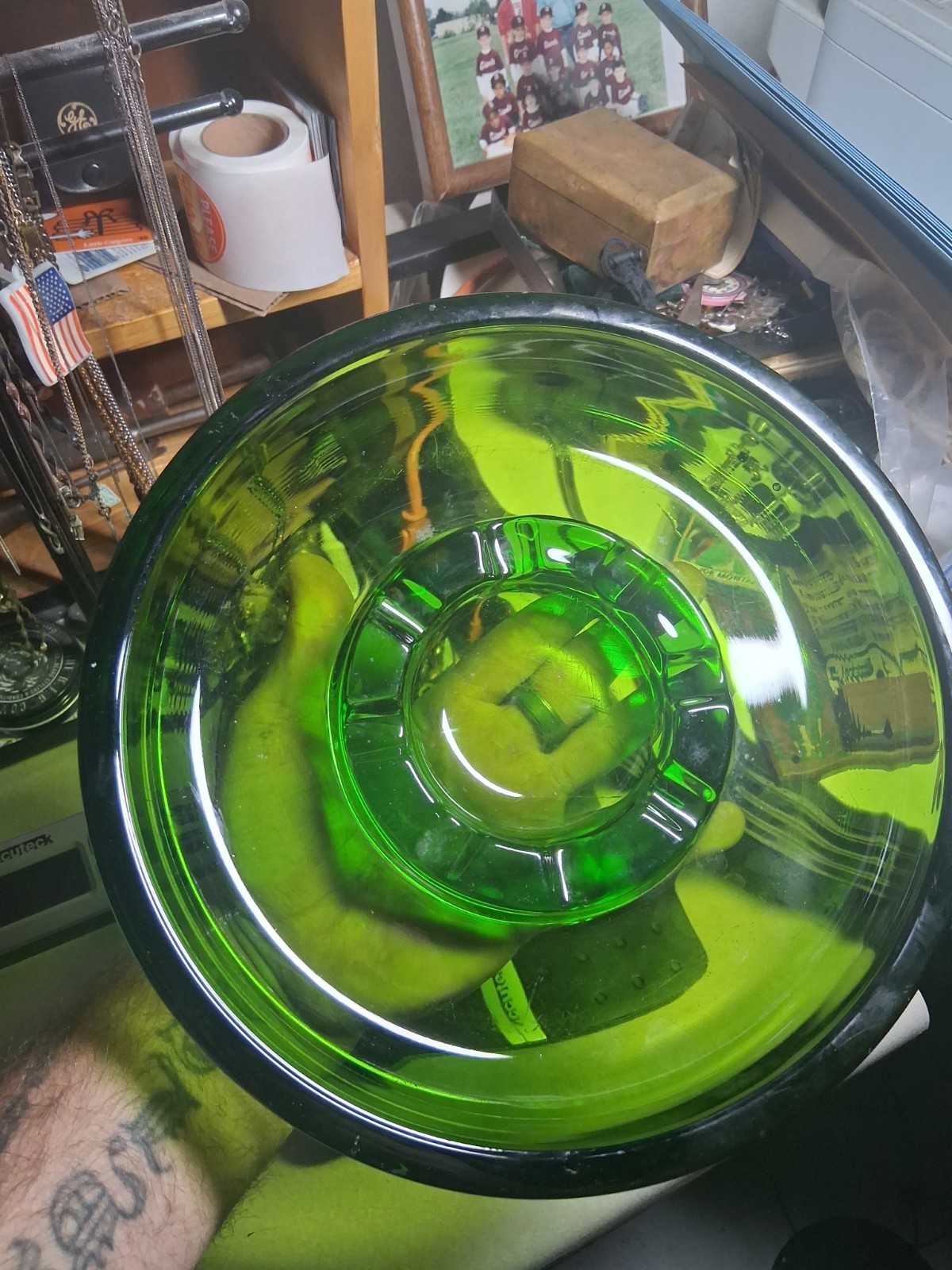 Large Retro Round 10” Vintage Ashtray- Green Glass 5 Lbs