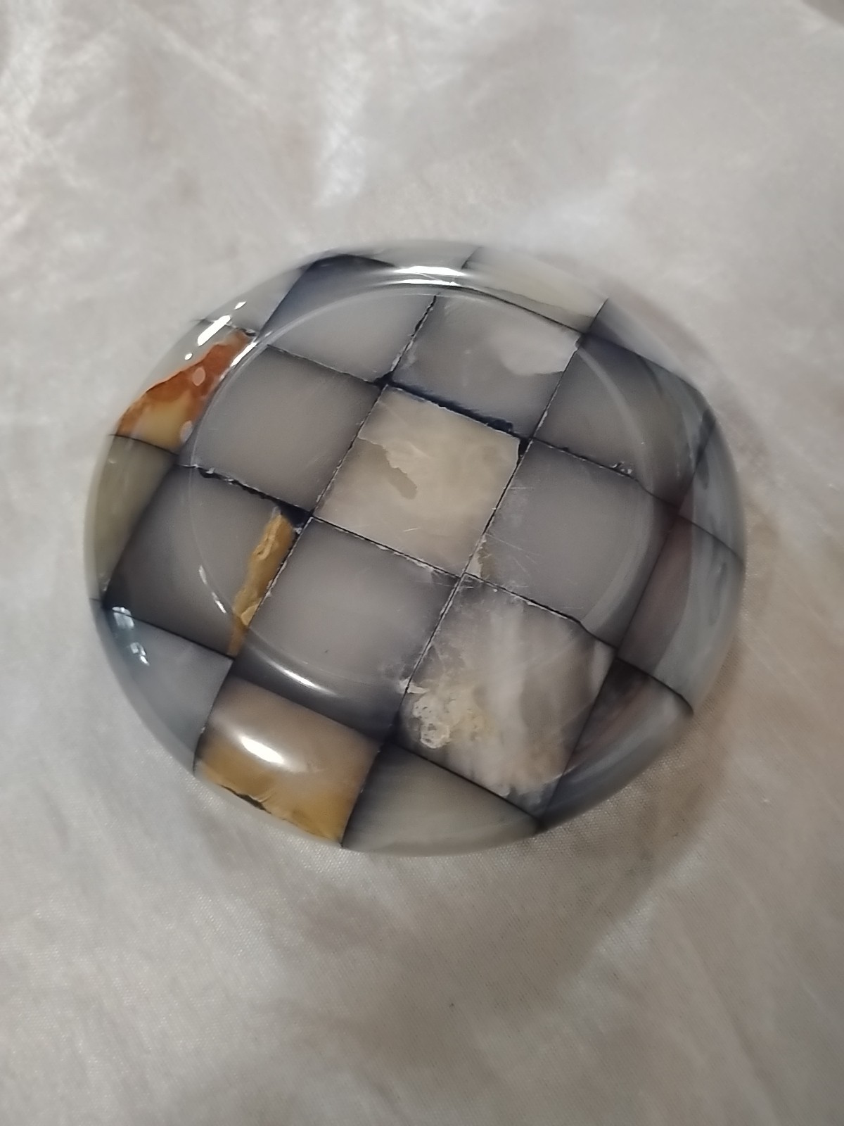 Vintage 1950s Checkerboard Italian Onyx Marble Polished Round Ashtray Decor
