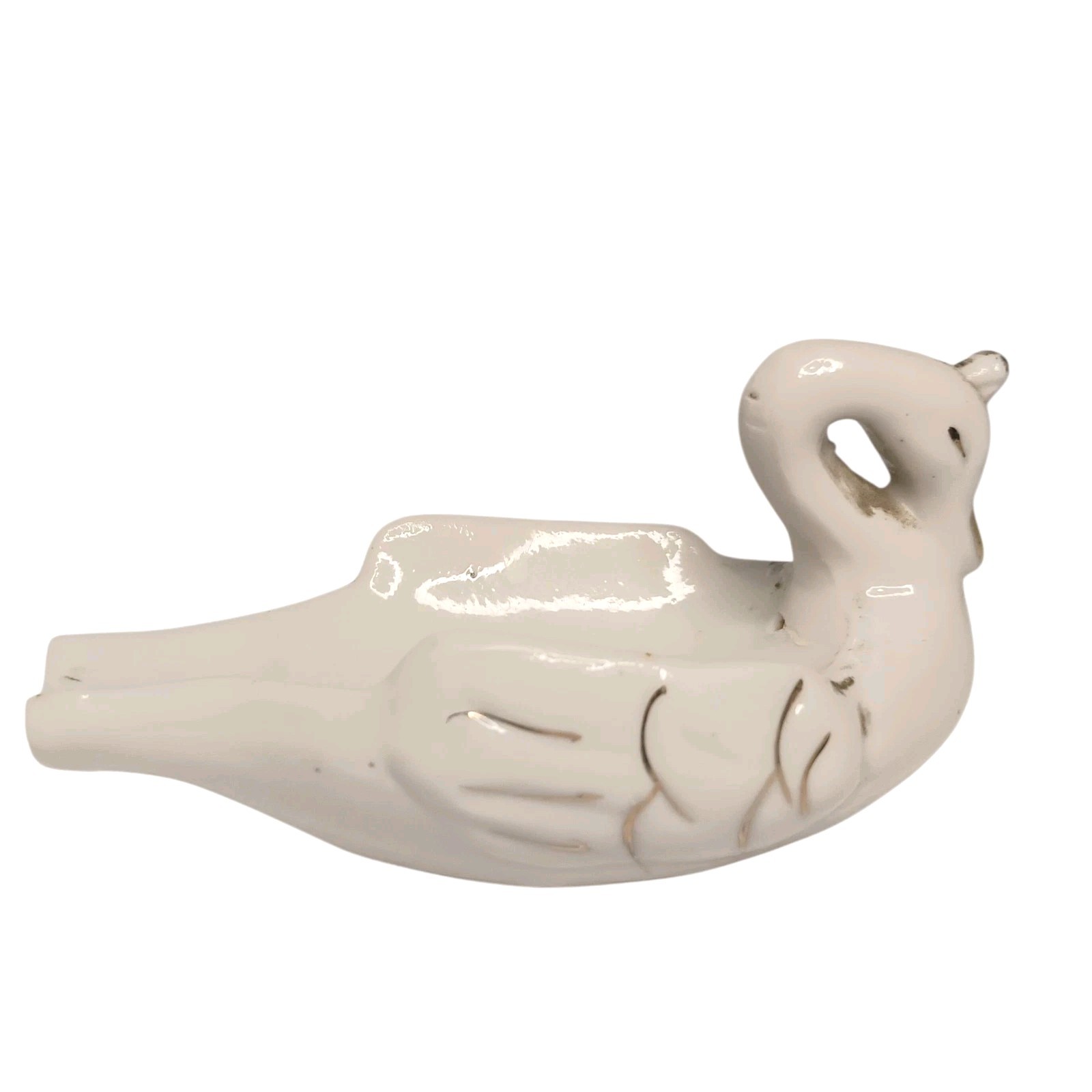 Vintage White Porcelain Swan Ashtray Trinket Dish Gold Trim Made In Japan 4″x2″