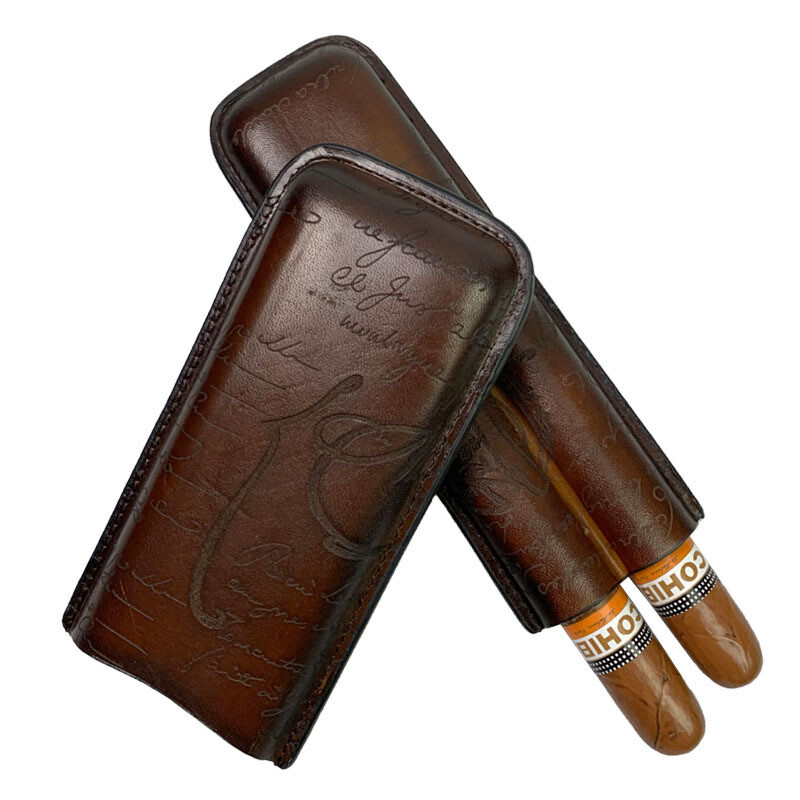 Portable Vintage Cowhide Cigar Cases 2 Tube Cigar Tube Smoking Humidor Travel