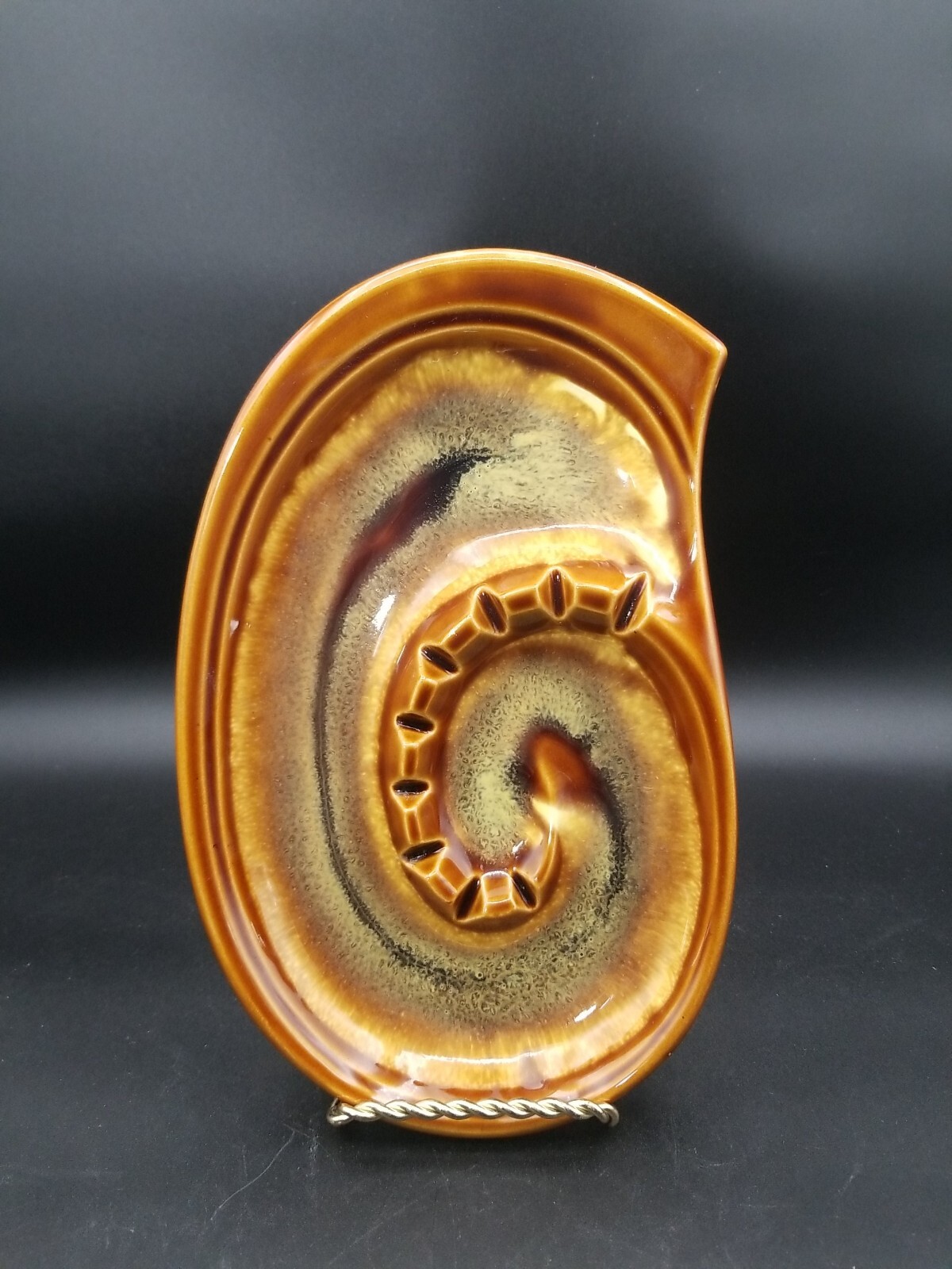 Vintage Ceramic Ashtray Drip Glaze Brown Yellow Gold Swirl 10×6.25″ Hippy Retro
