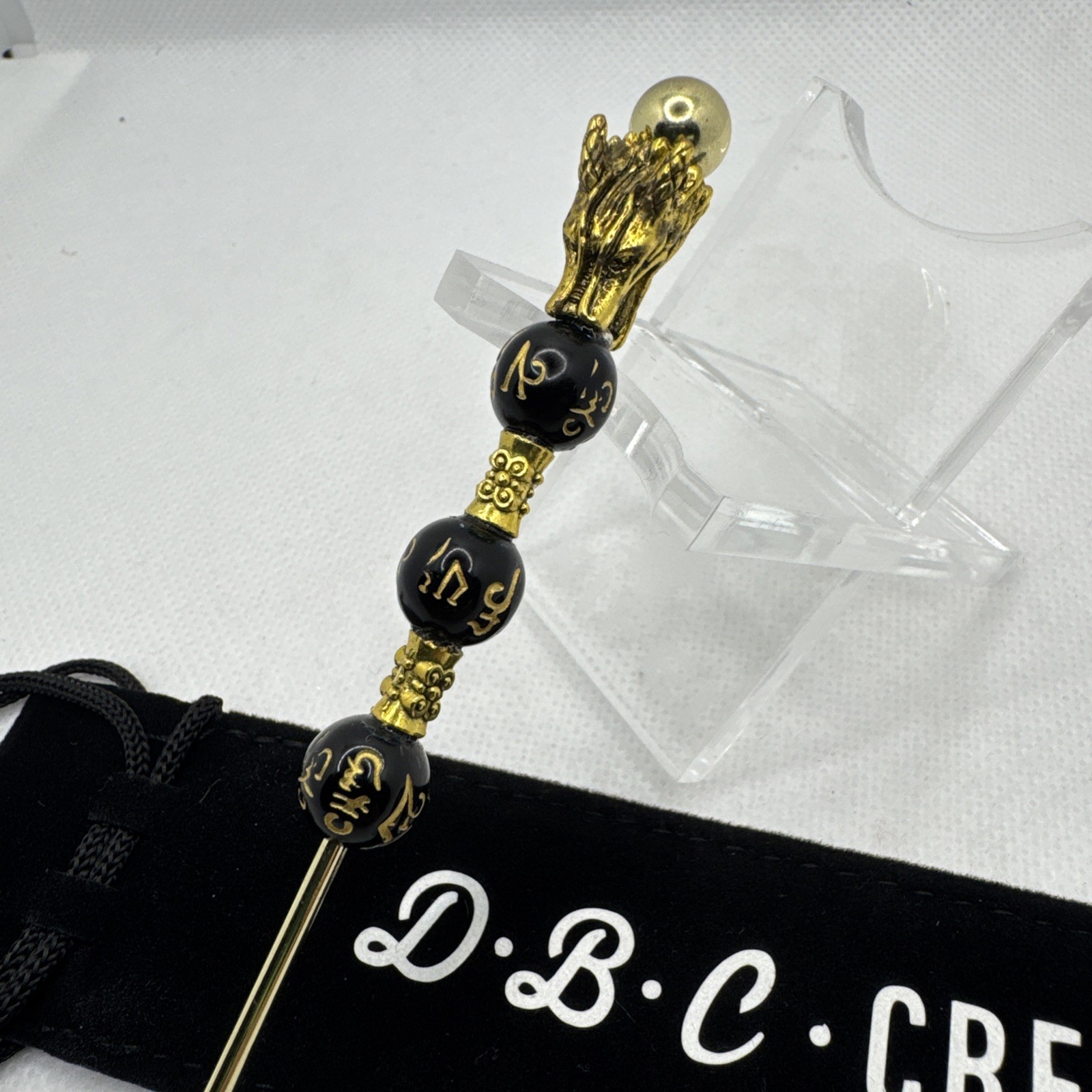 Stainless Gold/Blk Bead Tone Asian Dragon Cigar Nubber, Poker Tool, Handcrafted