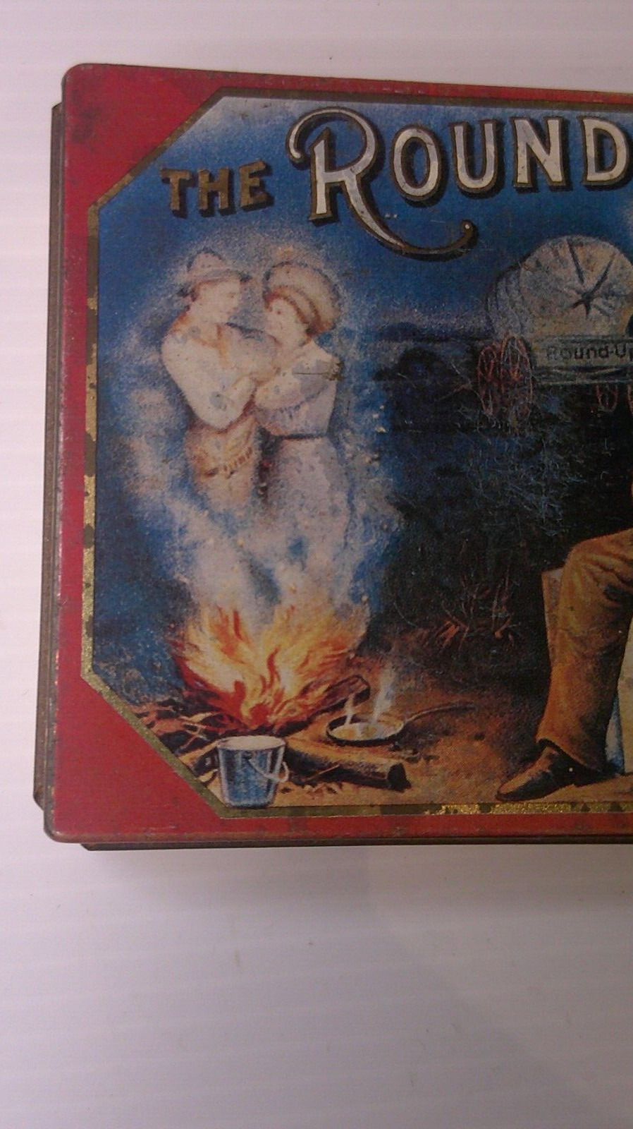 vintage advertising empty tin Round up cigarettes ghost figures in smoke Z131