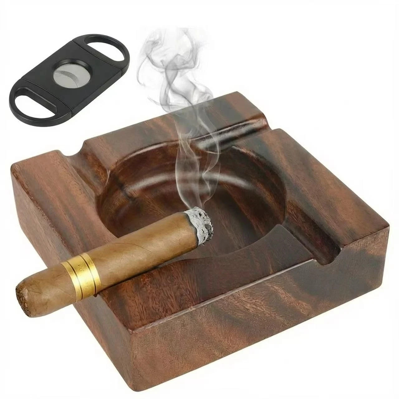 Premium Wooden Cigar Ashtray with Cigar Cutter, Large Cigarette Ash Tray Set wit