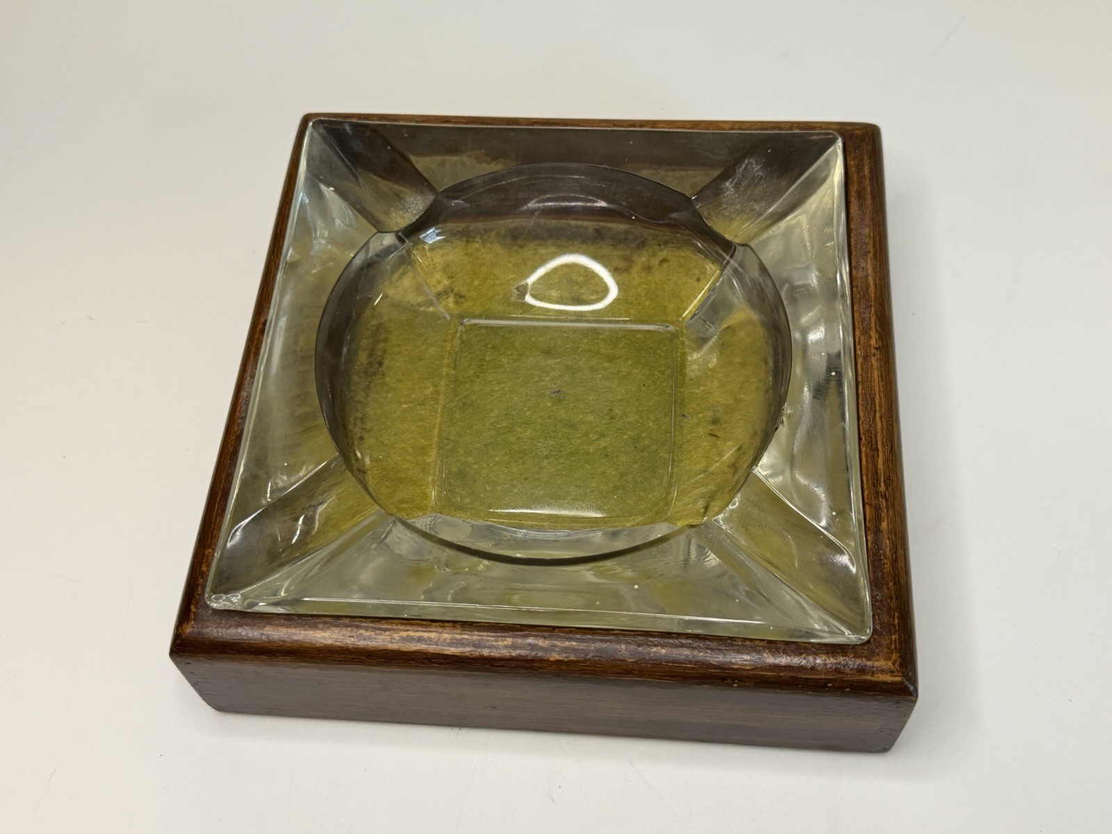 Vintage Heavy Square Clear Glass Insert Cigar Ashtray Wood Base