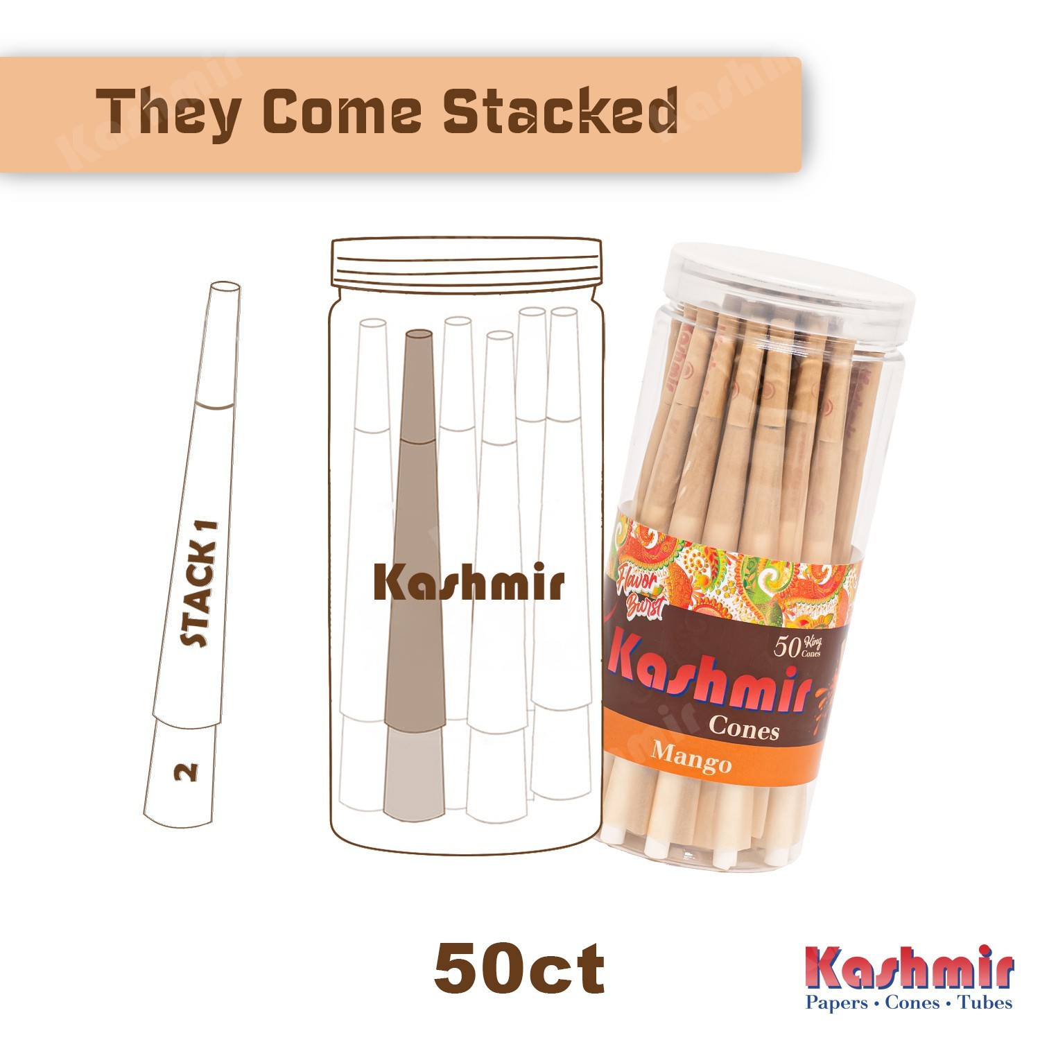 Pre Rolled Cones King Size Mango Flavored Rolling Paper Cones 50 Ct by Kashmir